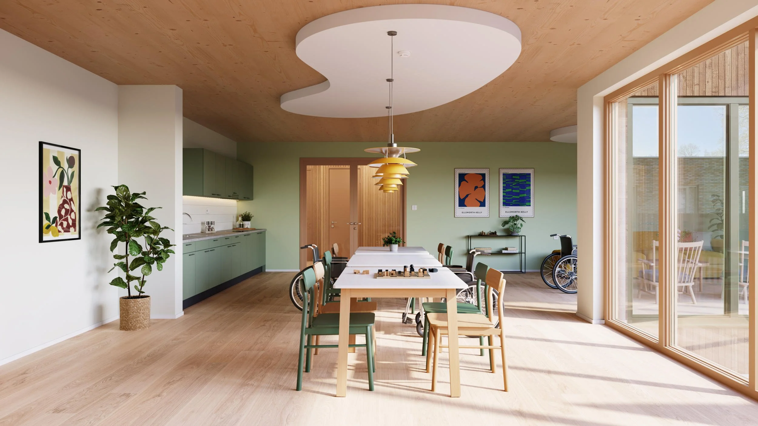 Multifunctionele ontmoetingsplek: Modern interieur met flexibele indeling en houten materialen. Ontwerp voor maatschappelijk vastgoed.