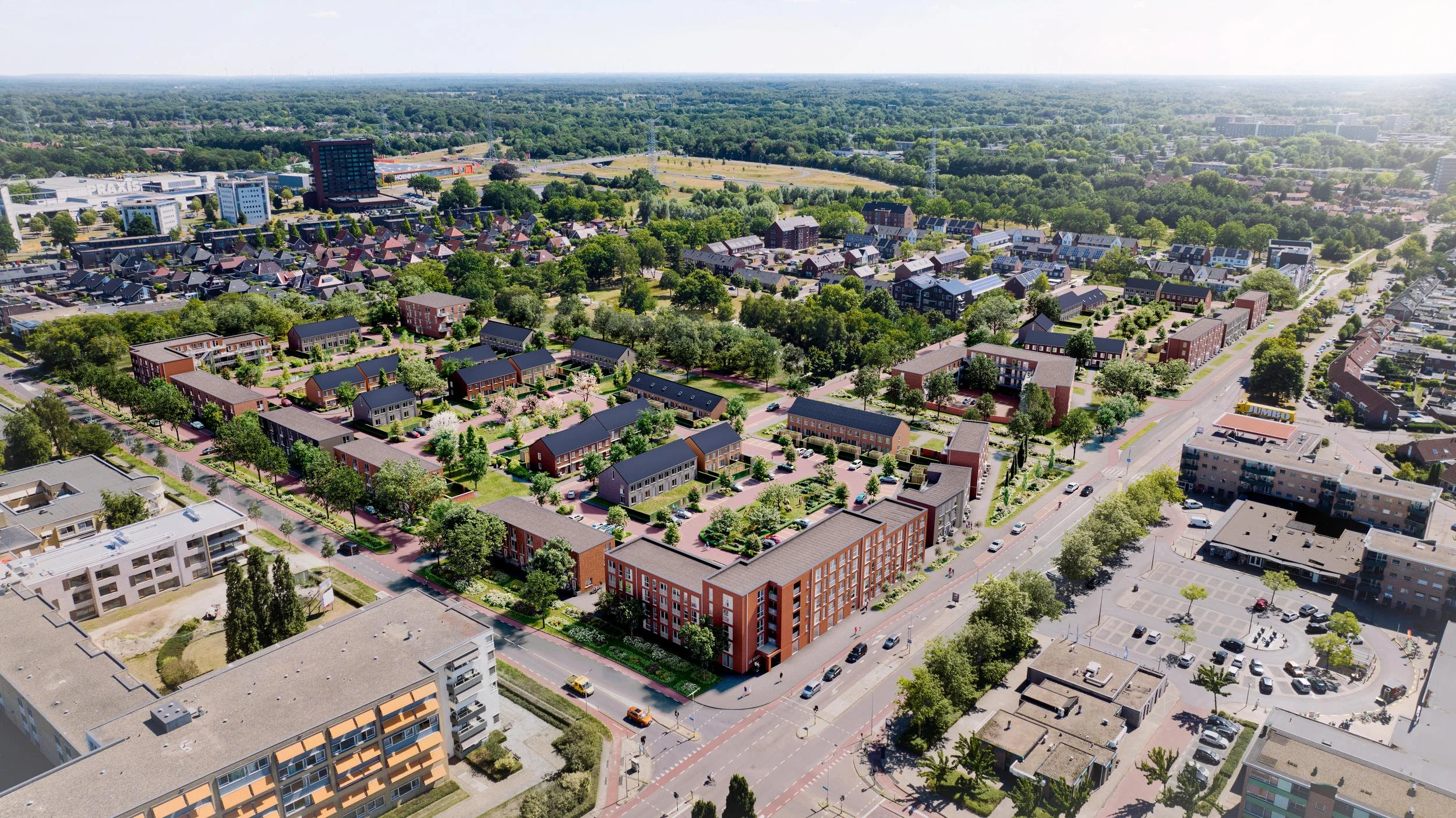 Contextuele vogelvlucht voor grootschalige tender: Een vlieghoogte-impressie die de stedenbouwkundige samenhang van het masterplan illustreert. Door het gebruik van fotomontage wordt aangetoond hoe de nieuwe bebouwing blendt met het bestaande stedeli