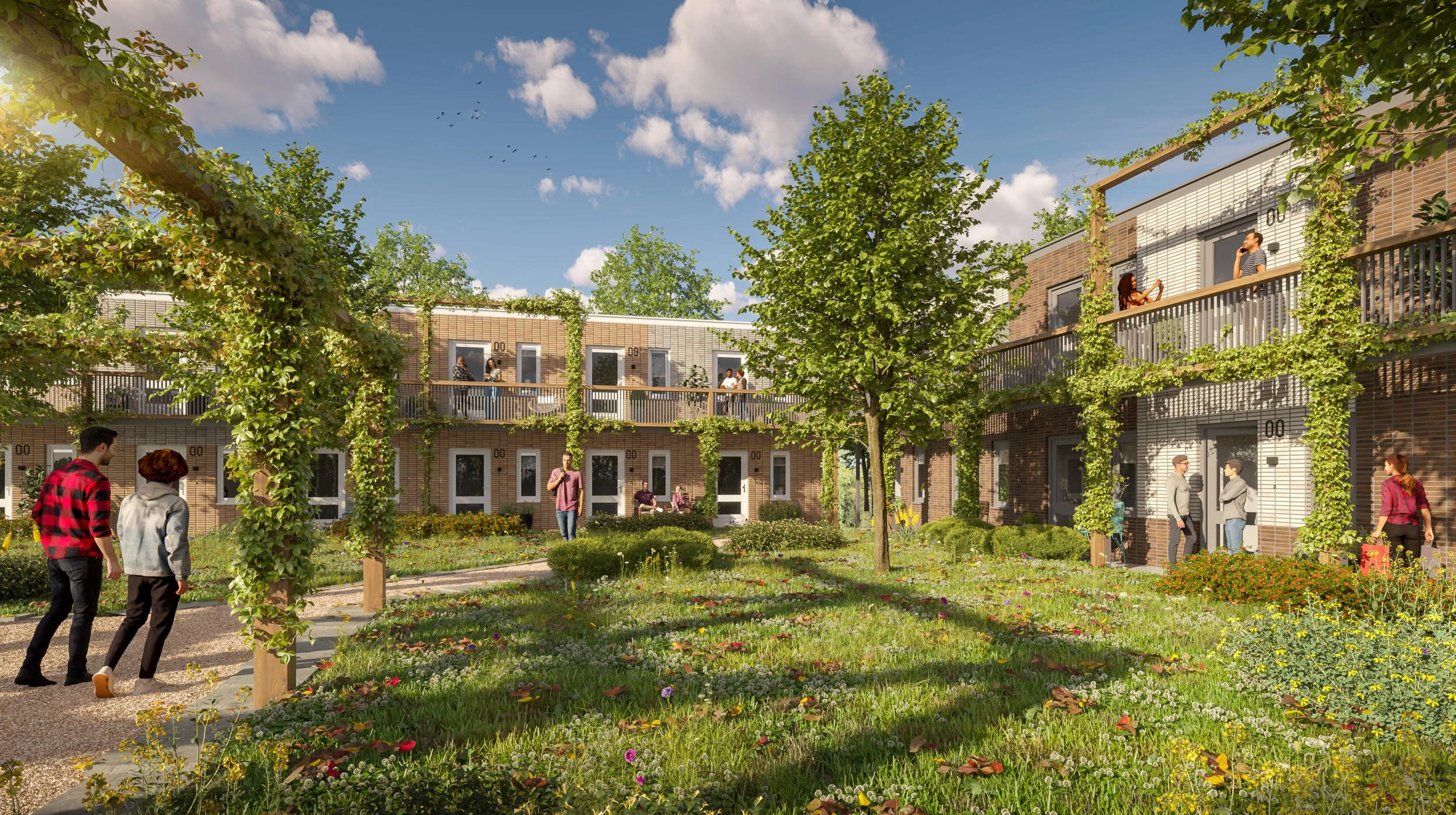 Sfeervolle visualisatie van woningbouw met begroeide pergola’s, waarbij de focus ligt op een weelderige, gedeelde tuinervaring.