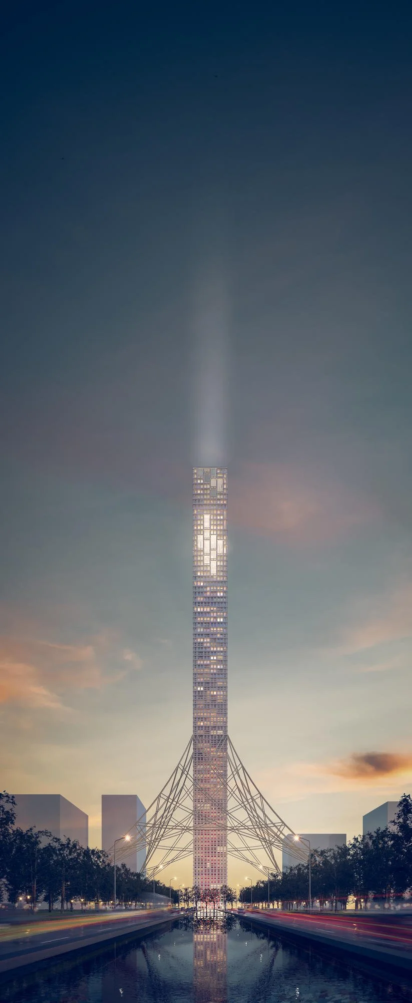 Conceptuele 3D avond impressie van mixed-use gebouw met kantoren in de plint, residentiële appartementen in de bovenbouw en een sky-restaurant als bekroning. Door Rietveld Architects New York