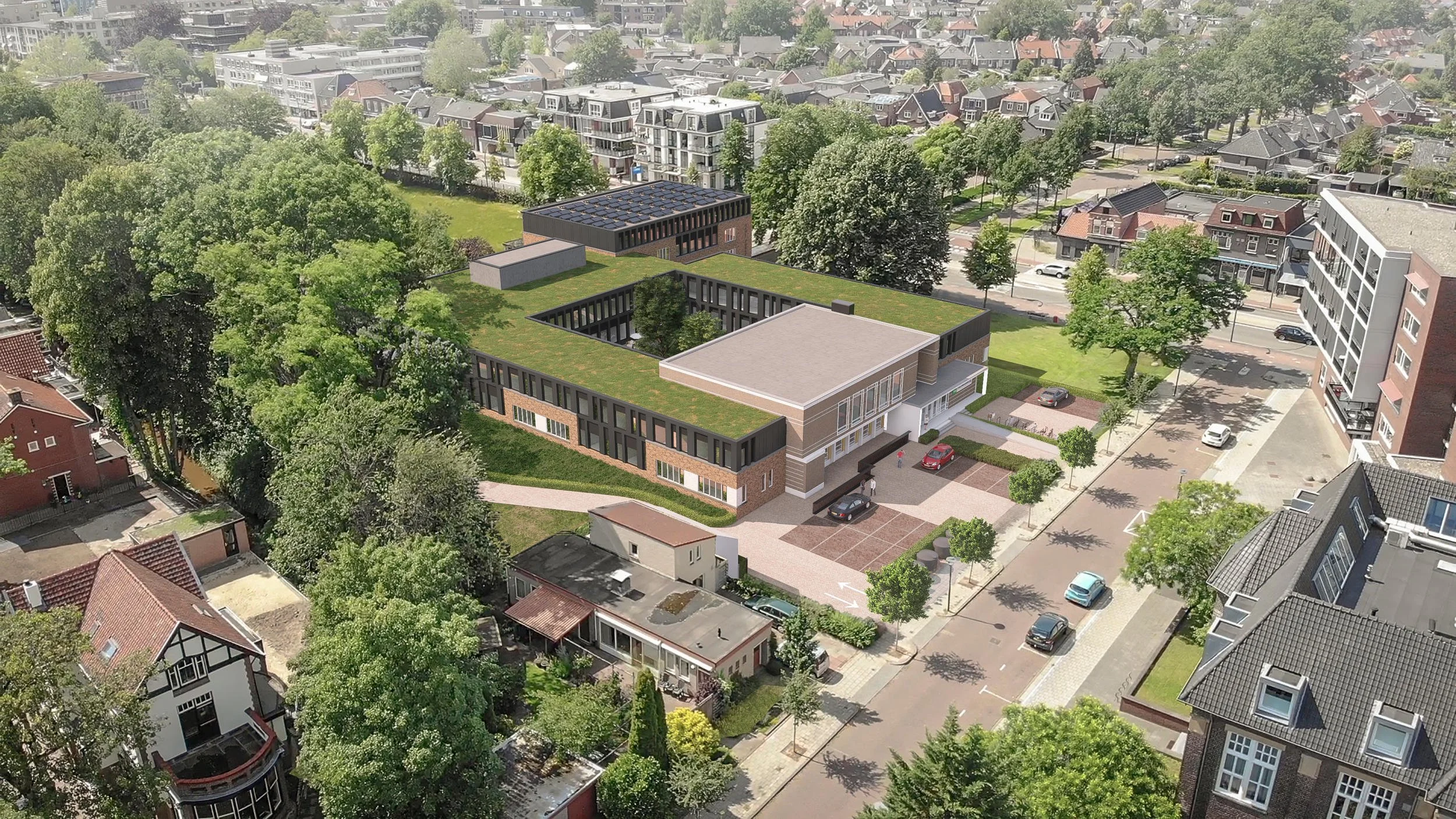 Architecturale vogelvlucht voor maatschappelijke aanbesteding: Deze fotomontage toont de herontwikkeling van een stedelijk blok met een focus op groenbeheer en daktuinen. Een essentieel instrument voor architecten en ontwikkelaars om de visuele inpas