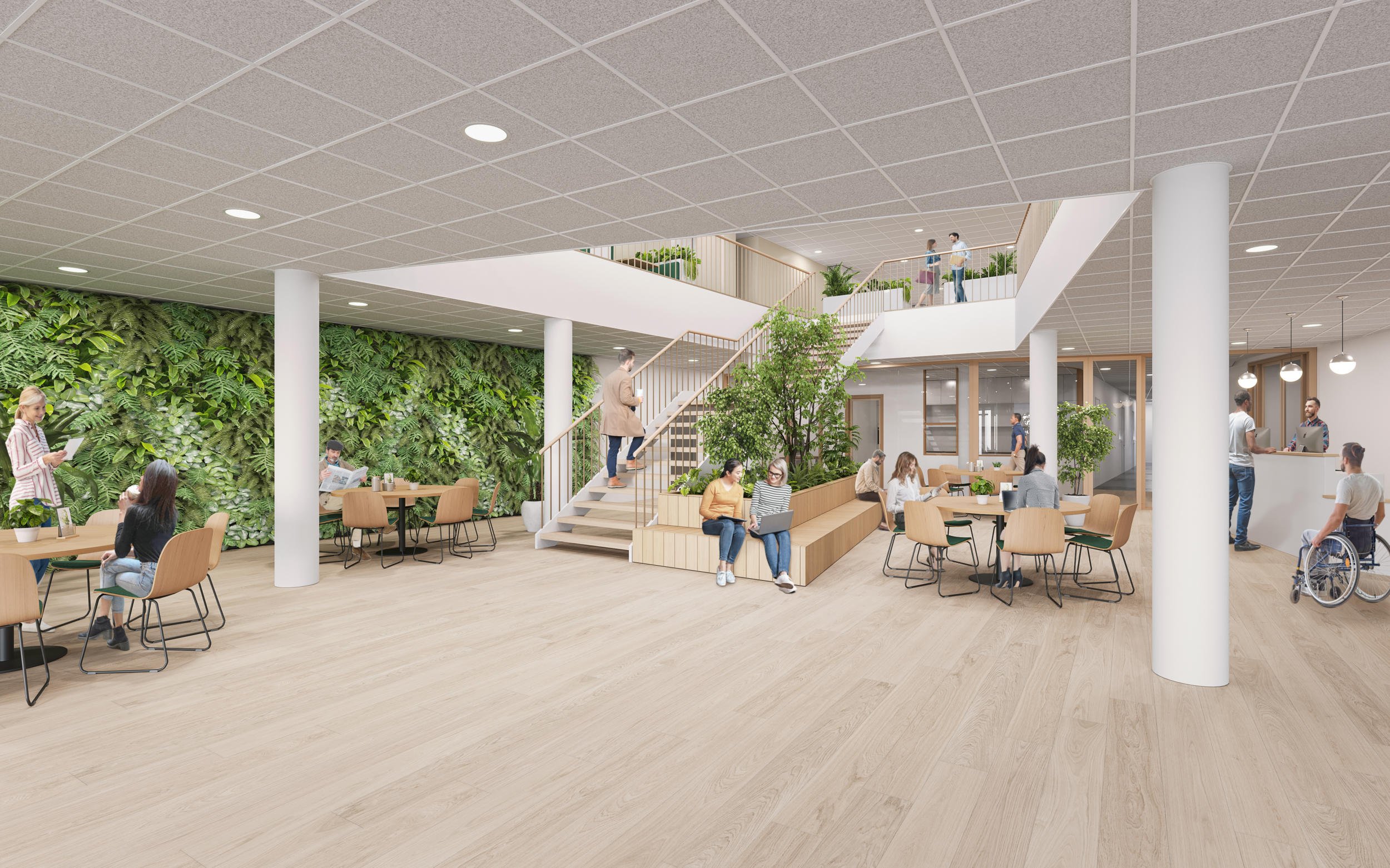 Atrium en ontmoetingsplek: Ruimtelijke interieurimpressie van een centraal atrium met veel daglicht en natuurlijke houten elementen. Focus op sociale interactie binnen publieke of zorggebouwen. Project Novatec Leek.  Winnende tender voor BGDD.