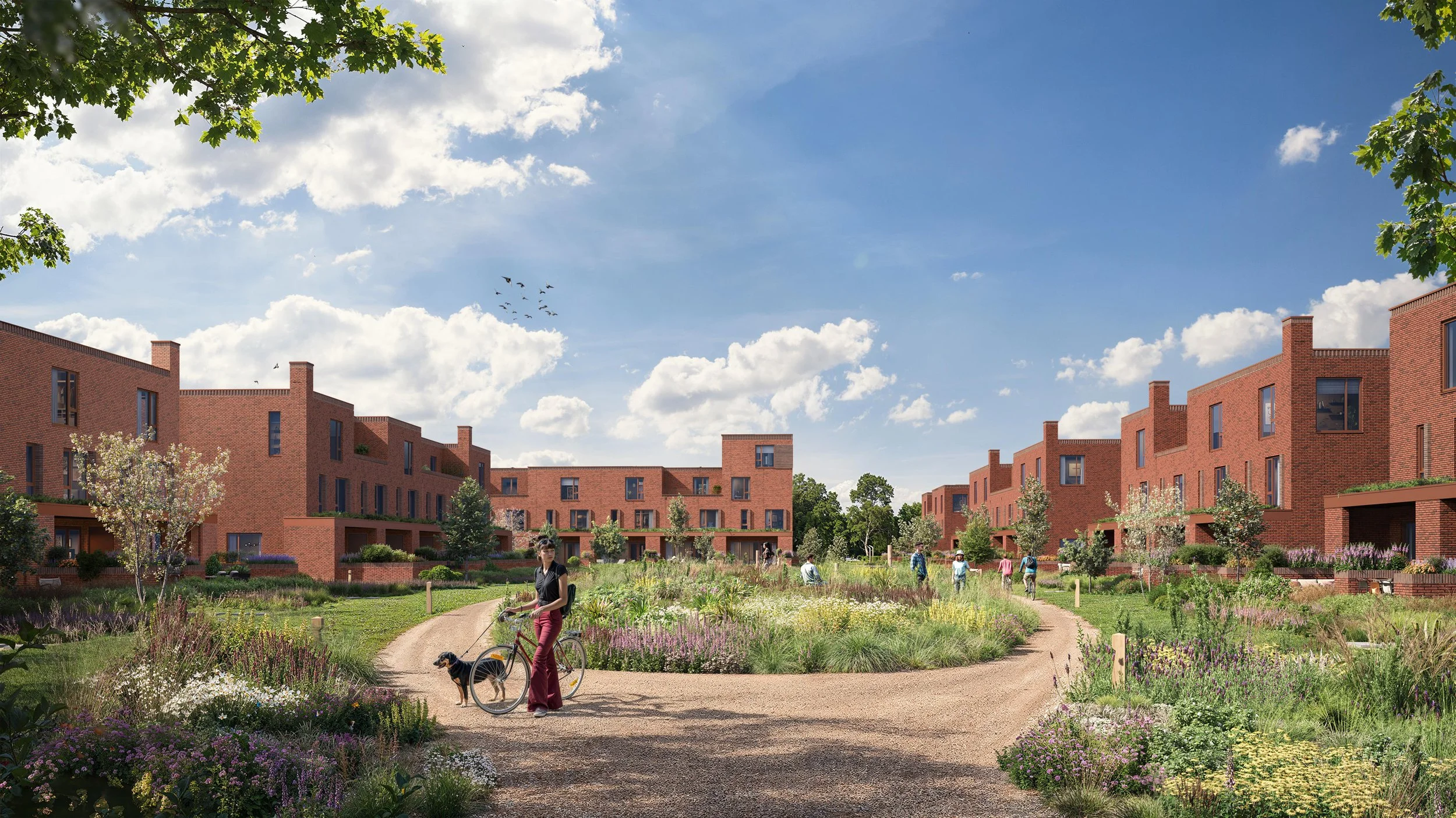 Architectuurvisualisatie van een kindvriendelijk woonhofje met rode bakstenen woningen en een autovrij groen binnenterrein. Project Eikenstein voor Plegt-Vos.
