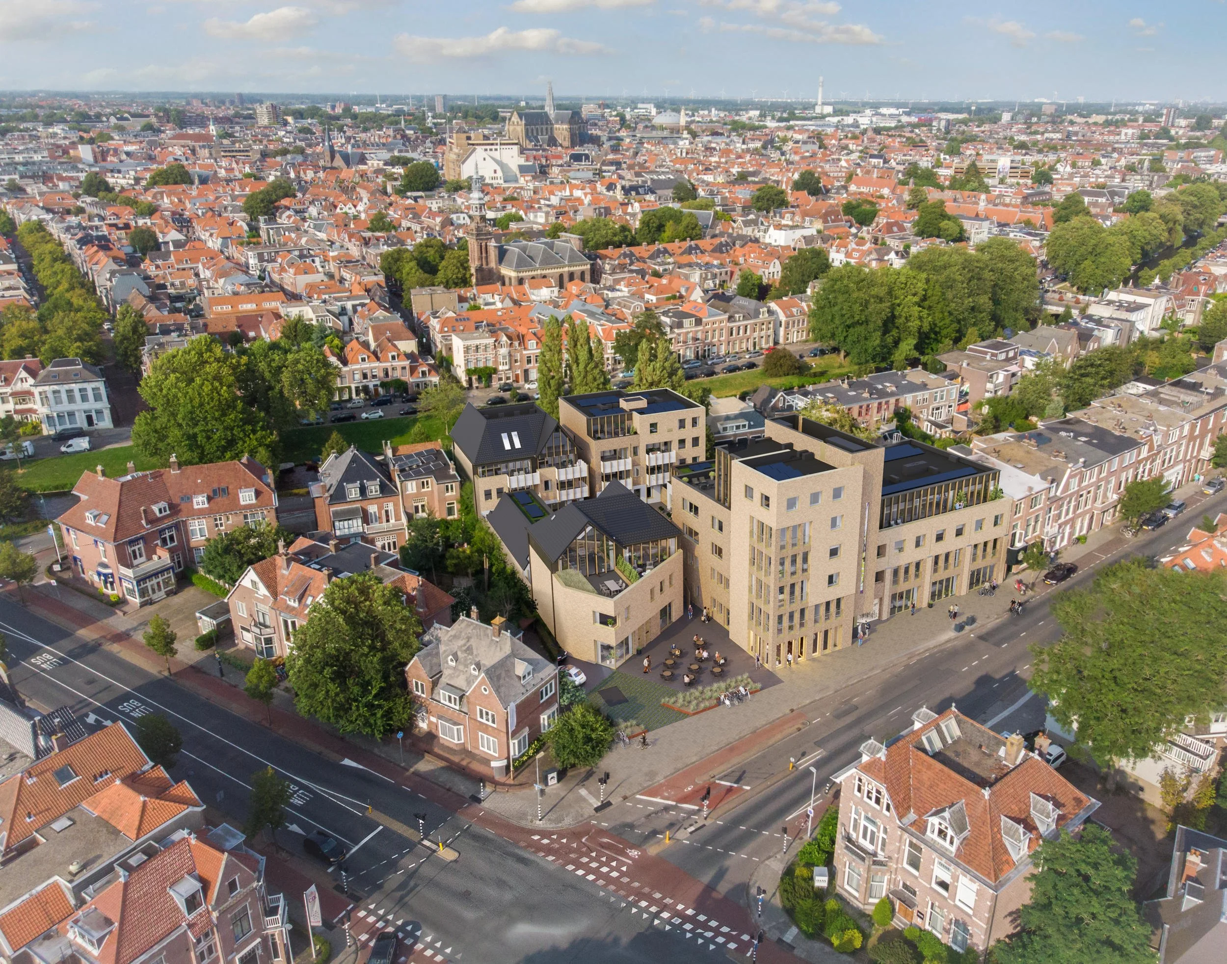 Stedelijke herontwikkeling De Vierhoek te Haarlem bij kruispunt: Impressie van een inbreidingslocatie in een historisch stadscentrum. Visualisatie van bouwhoogtes en de aansluiting op de bestaande rooilijn.
