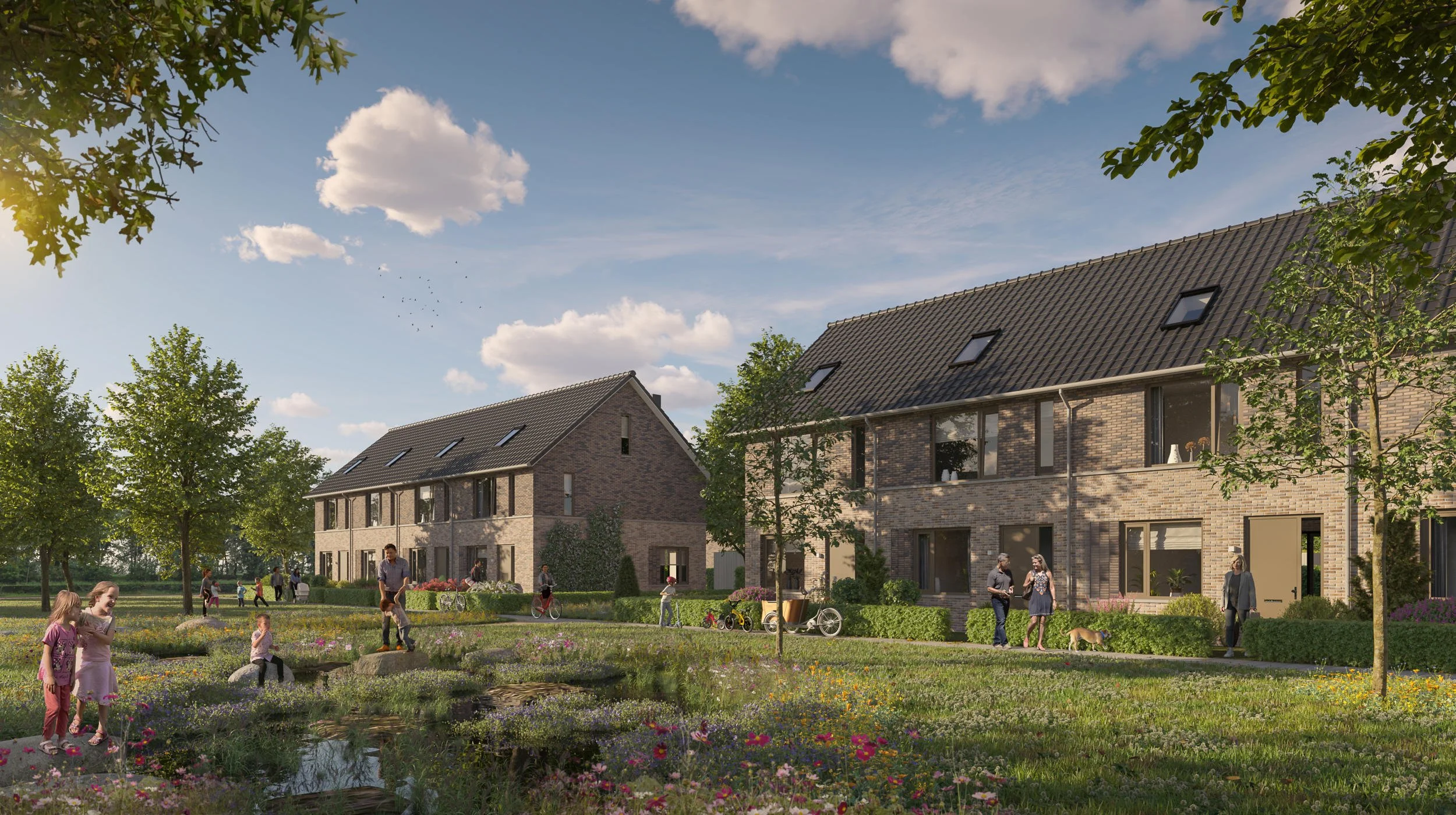 Artist impression van een kleinschalig woningbouwproject in een parkachtige omgeving, waarbij de focus ligt op natuurinclusief bouwen en een rustige woonbeleving.