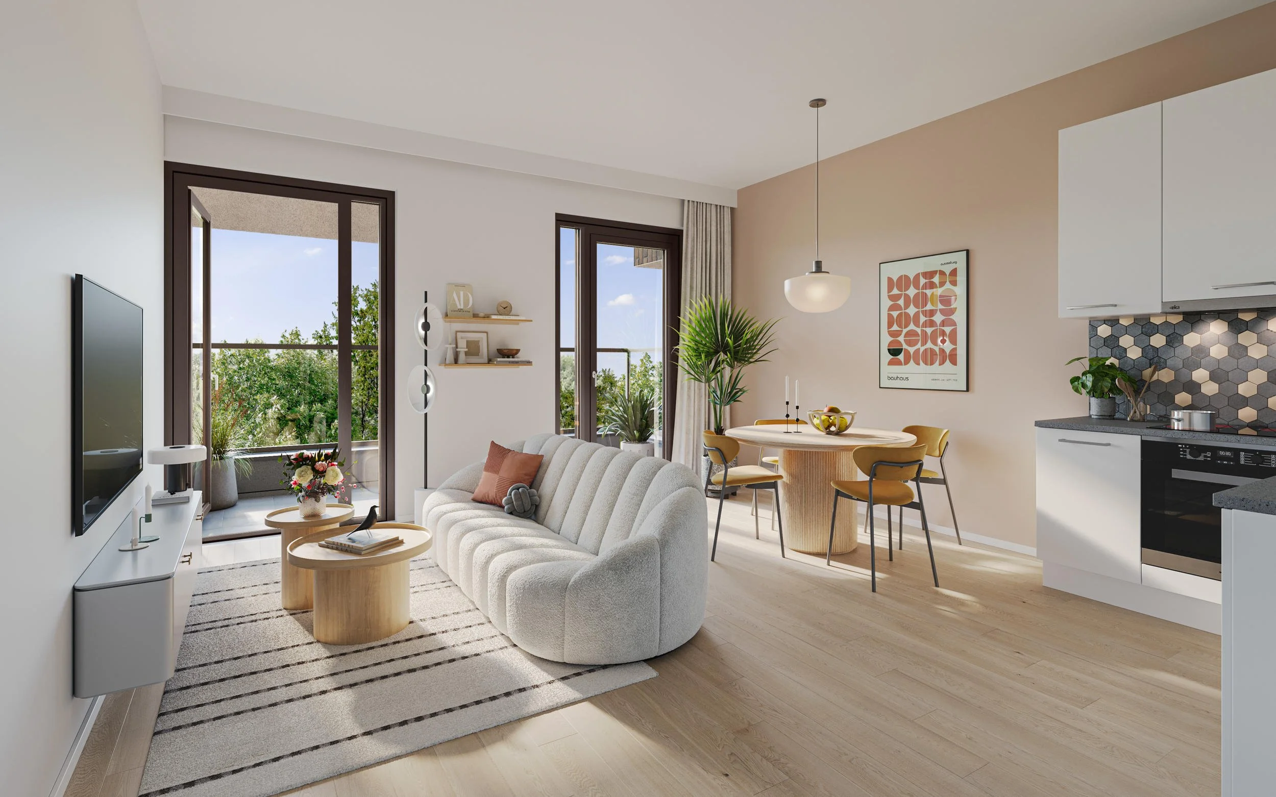 Compact appartement: Efficiënte indeling van een lichte studio met balkon. 3D-visualisatie voor de transformatie van vastgoed.