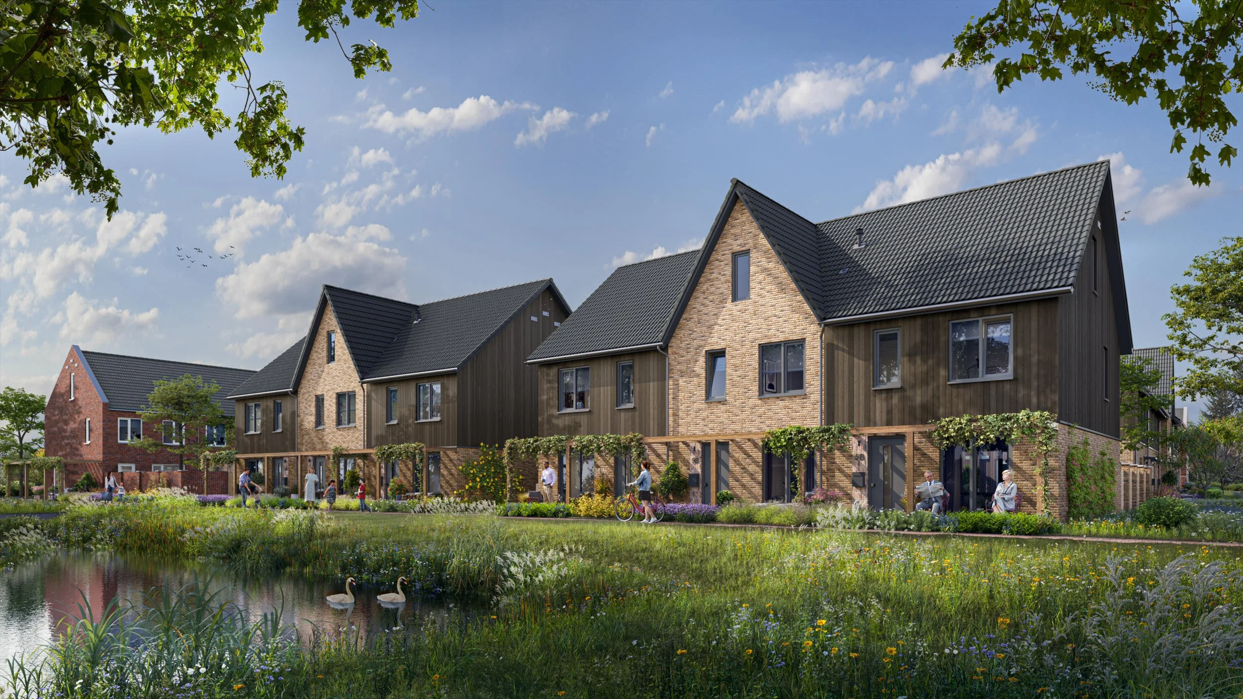 Duurzame houten gevelarchitectuur aan een waterpartij, gevisualiseerd in een zonnige setting met focus op natuurinclusief bouwen. Project Dordts Buiten voor Plegt-Vos.