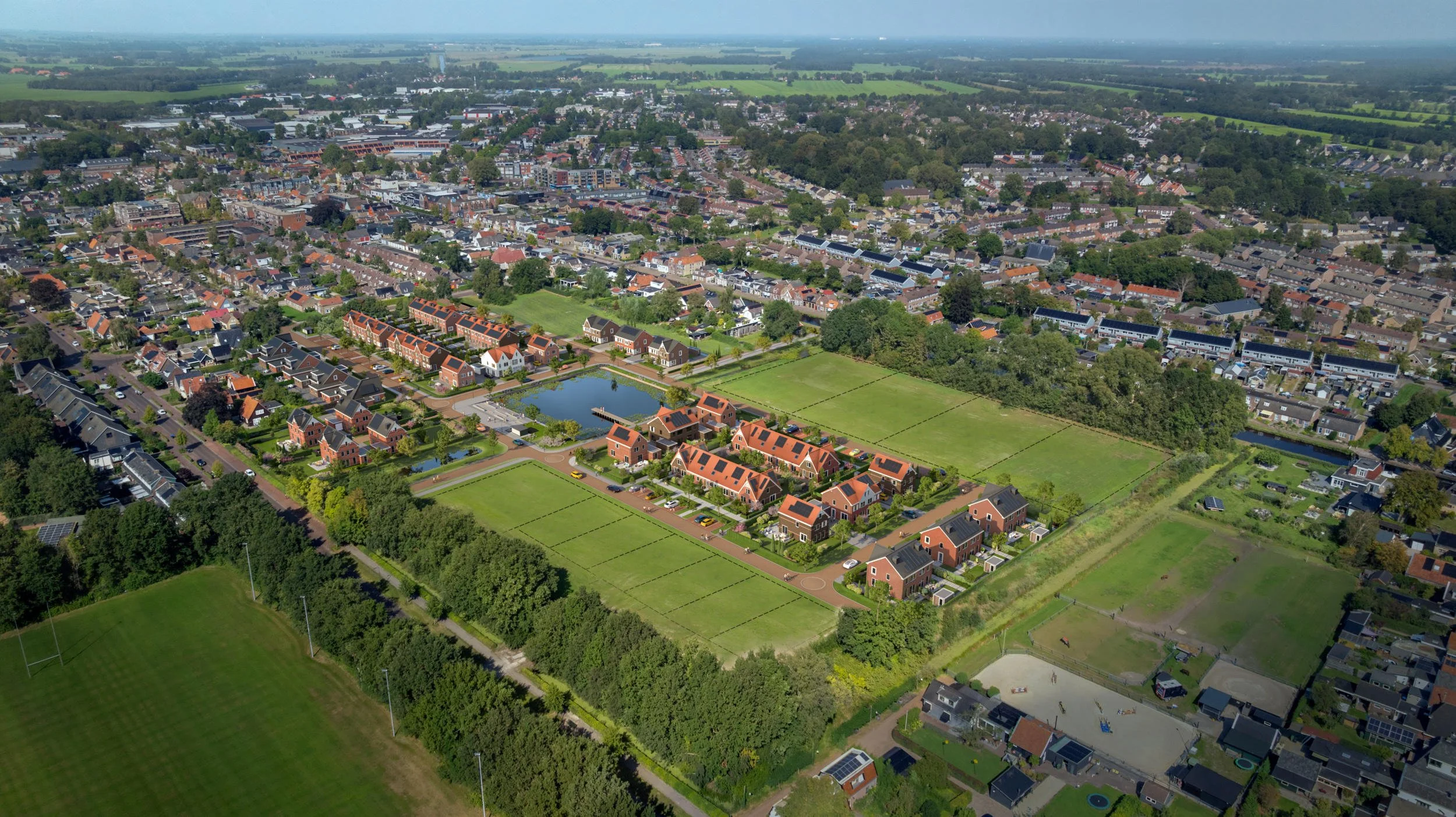 Integrale vogelvlucht van een waterrijke woonomgeving: 3D-impressie van een nieuwbouwplan met focus op blauw-groene structuren en centrale openbare ruimte. Essentieel instrument voor projectontwikkelaars en gemeenten om de sociale cohesie en waterhui