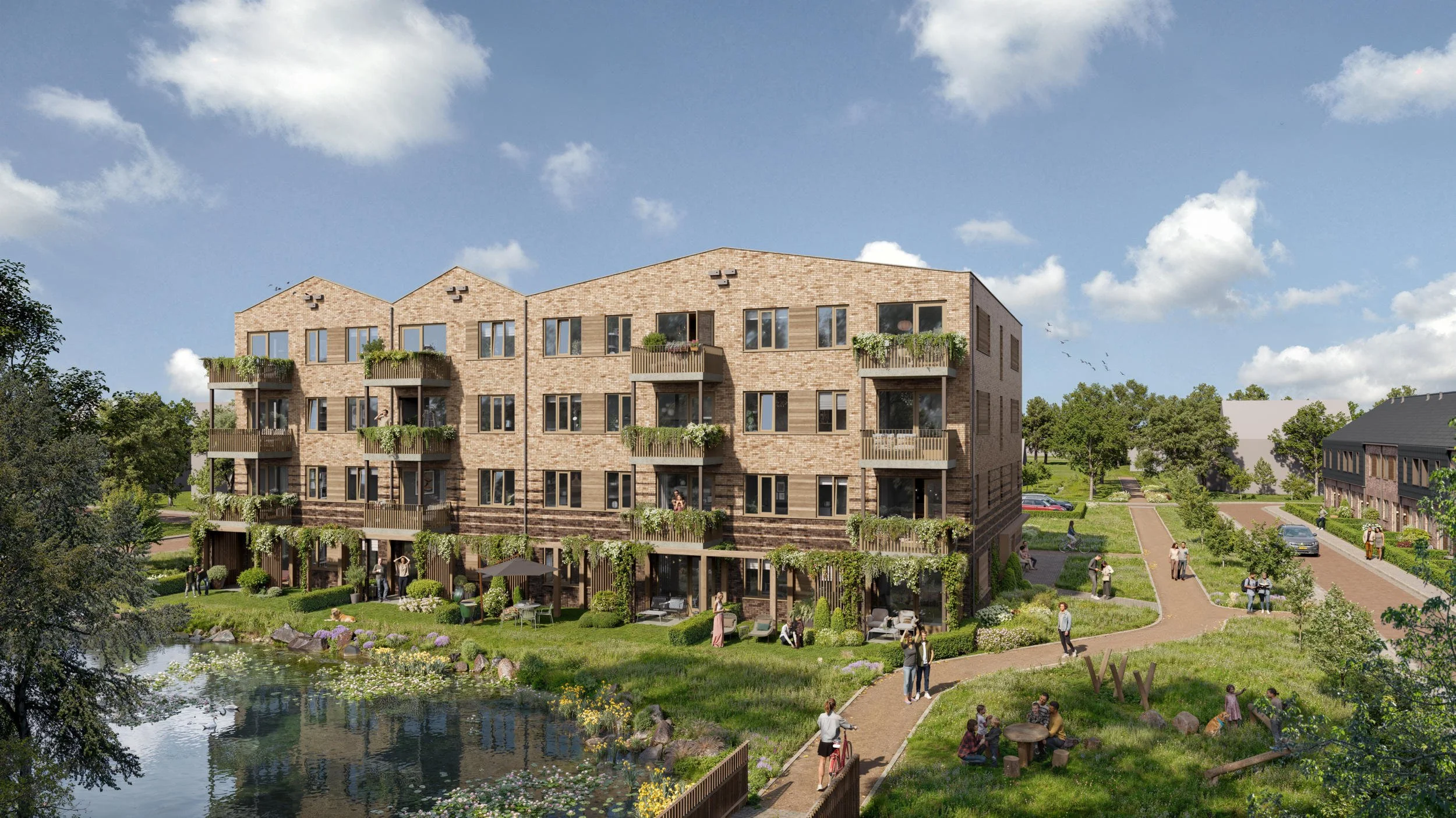 Architecturale rendering voor een binnenstedelijke ontwikkeling in tenderfase, met nadruk op de actieve plint en de aansluiting op de publieke wandelkade.