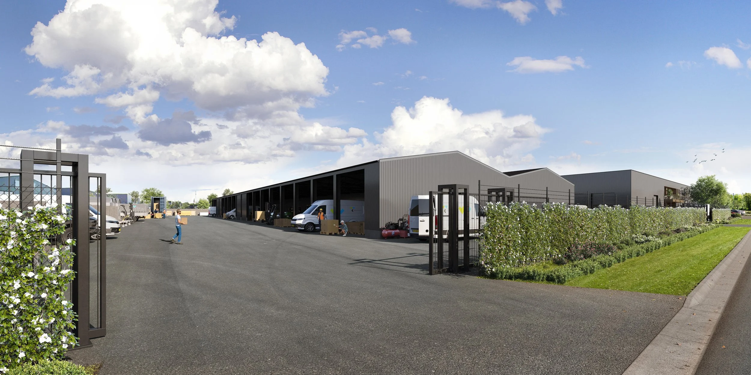 Winnend tenderontwerp voor Novatec Leek: Architecturale exterieurvisualisatie van de logistieke hub en laaddocks. Deze 3D-impressie toont de moderne, zakelijke uitstraling en de zorgvuldige landschappelijke inpassing van het gebouwontwerp voor de aan