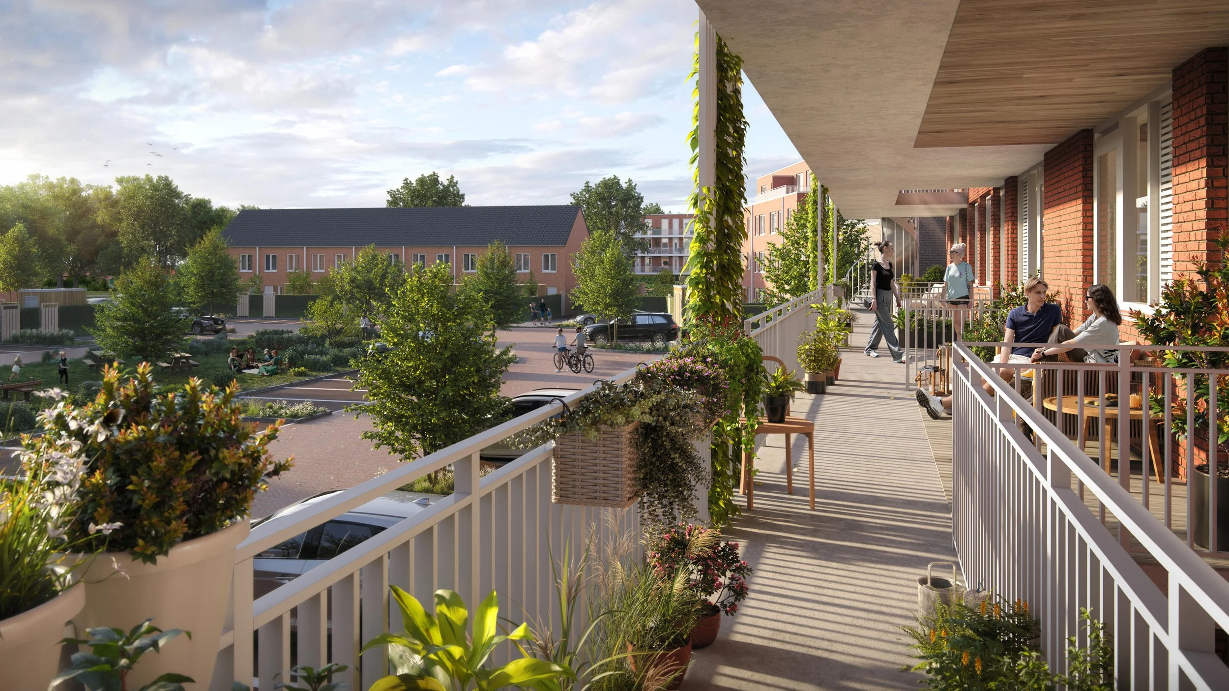 Buitenruimte en galerij-ontwerp: Detail-impressie van de overgang tussen binnen en buiten. Belangrijk voor tenders waarbij 'sociale veiligheid' en 'ontmoeting' kernpunten zijn.