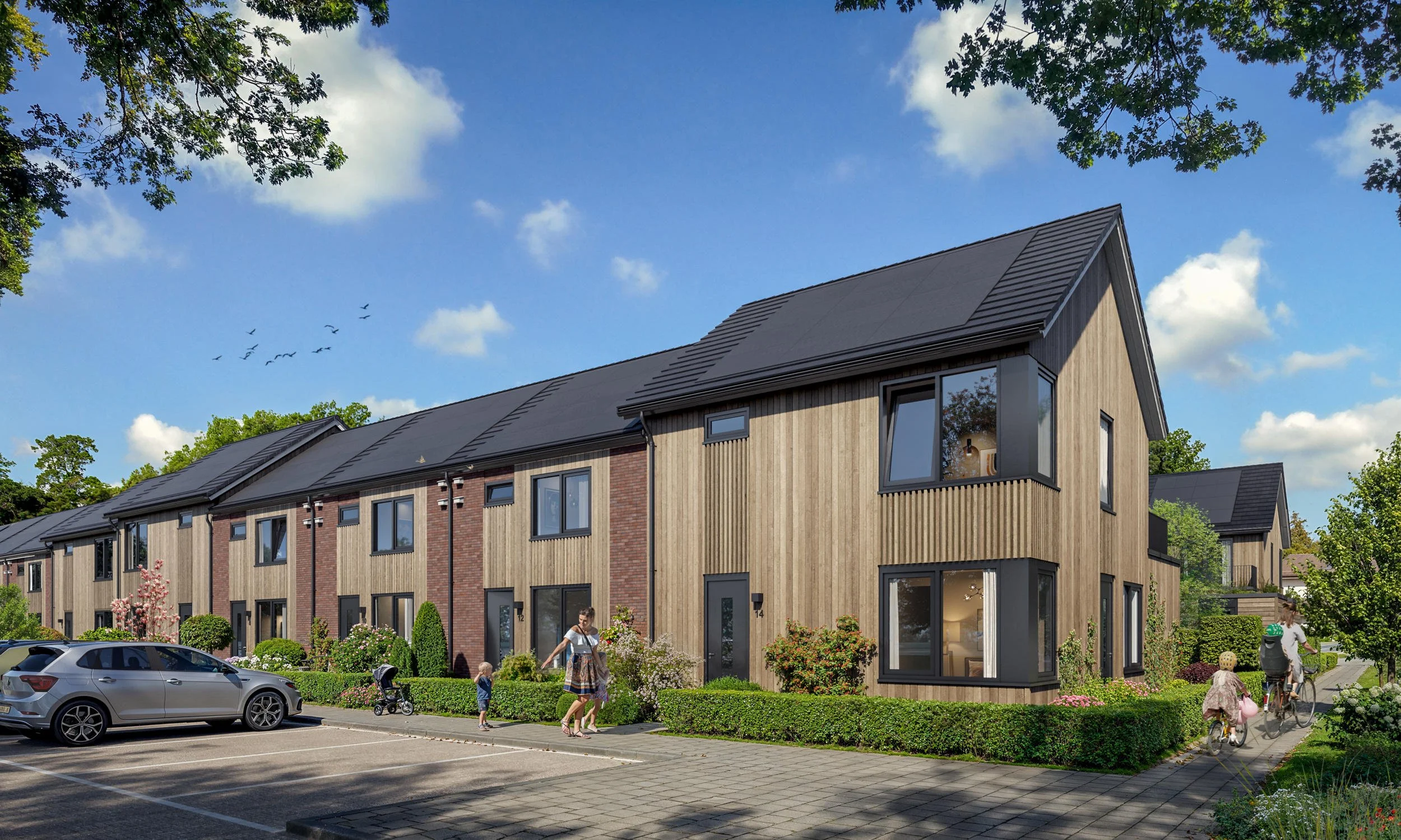 Architectonische visualisatie van rijwoningen waarbij verschillende materialen zoals hout en donkere baksteen zorgen voor een kleinschalige, warme uitstraling.