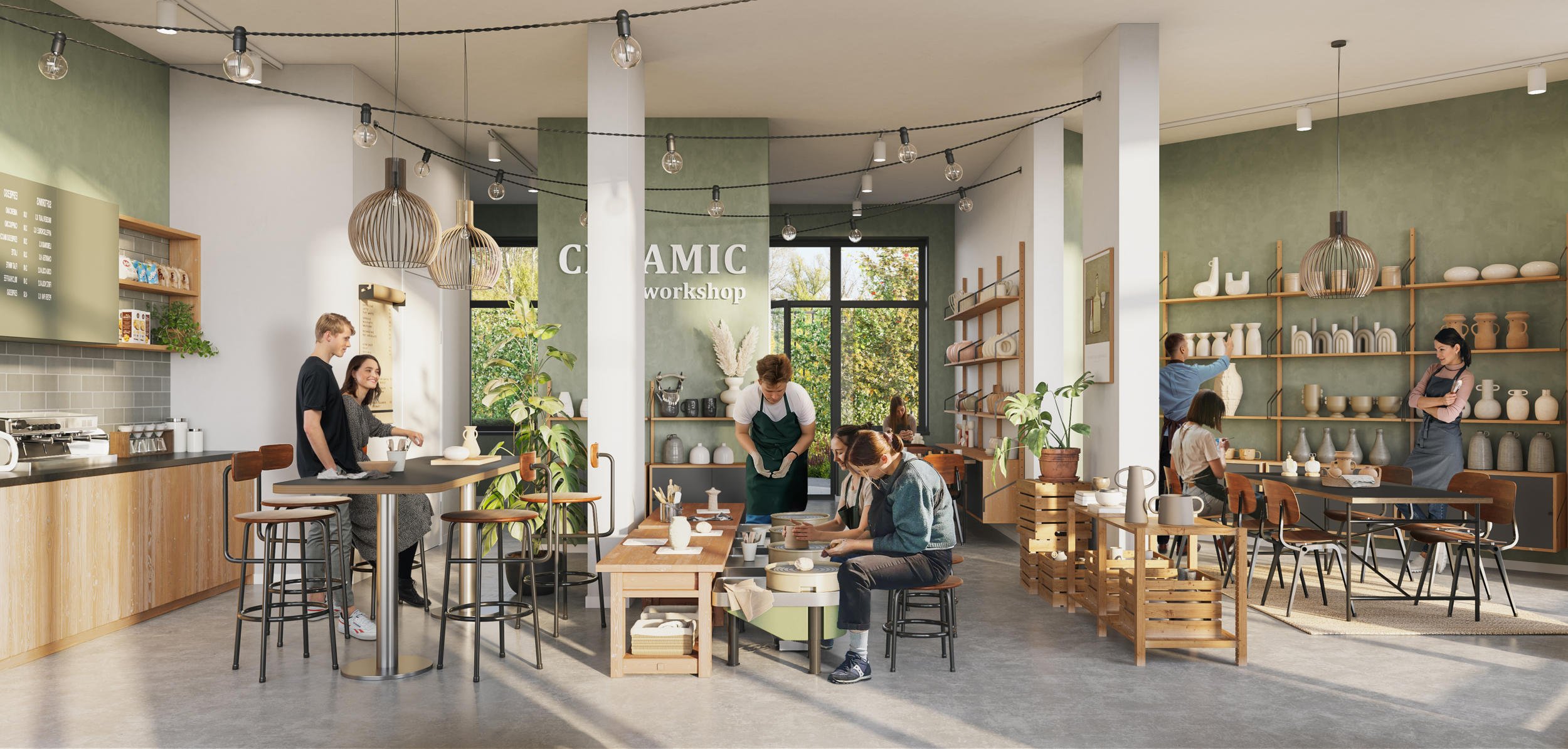 Creatief atelier/Horeca concept: Industrieel interieur met hoge plafonds en sfeervolle verlichting. Visualisatie voor hospitality en retail-ontwikkelaars.