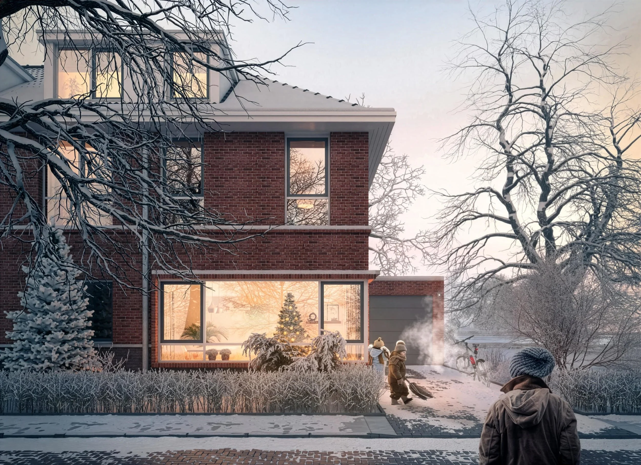 Winterse architectuurvisualisatie in sneeuw: Sfeervol woonhuis in een koud winterlandschap. Visualisatie van seizoensbeleving voor nieuwbouwverkoop.