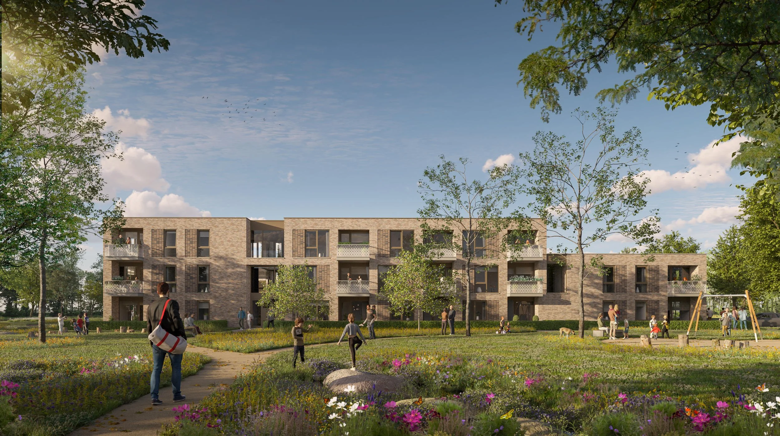 Strategische architectuurvisualisatie voor een tenderinschrijving, tonend hoe een openbaar weidelandschap wordt geïntegreerd in een modern woonmilieu met houten gevelaccenten.