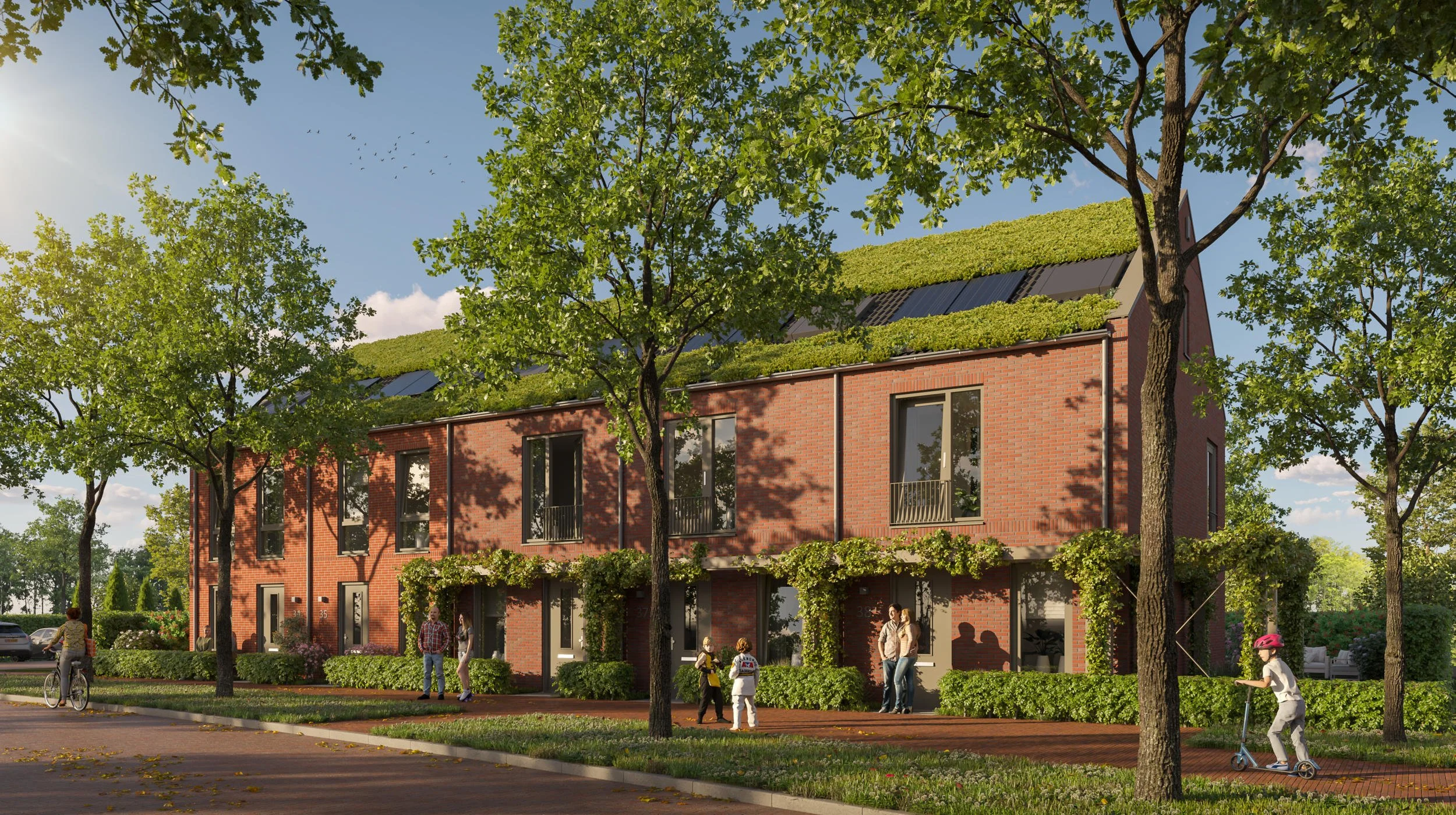 Artistieke impressie van energieneutrale woningen met een groen dak en geïntegreerde zonnepanelen in een duurzame herinrichting.