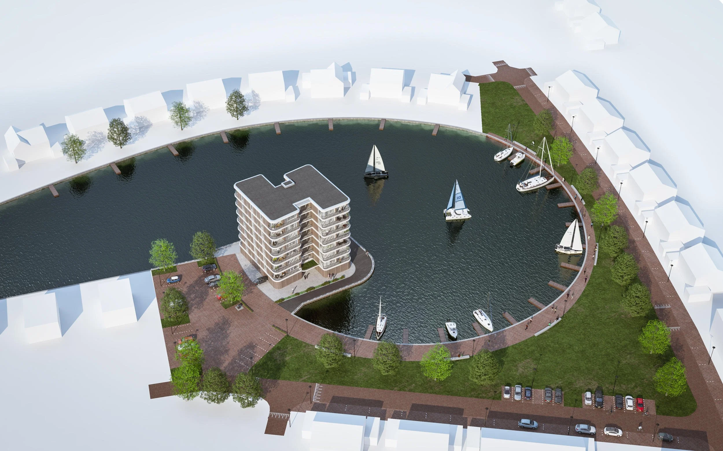 Jachthaven & Woonconcept: Creatieve vogelvlucht van een appartementengebouw aan een circulaire haven. Focus op de unieke stedenbouwkundige vorm en de nautische beleving.