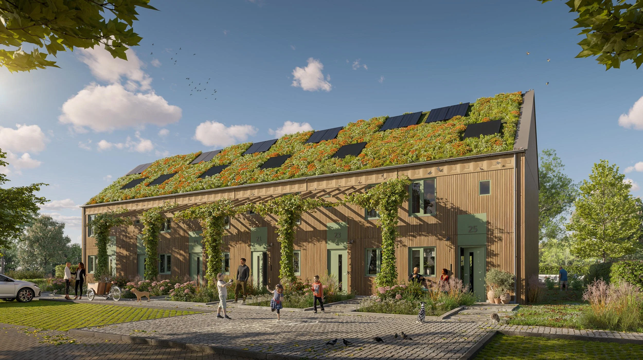 Gedetailleerde impressie van een energieneutrale woning met geïntegreerde zonnepanelen en houten gevelbekleding in een duurzame context.