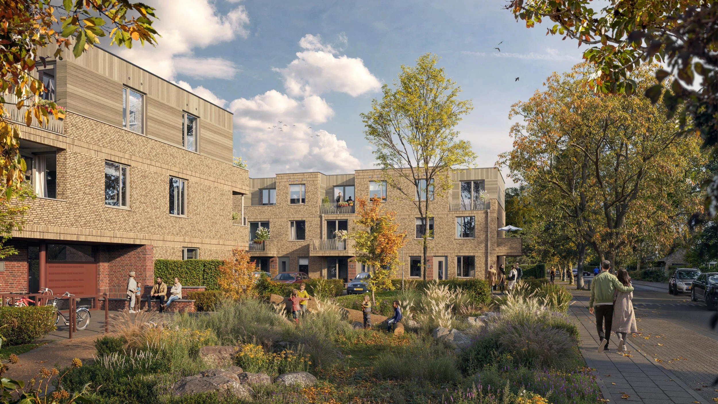 Conceptuele artist impression voor een woningbouwtender, waarbij de focus ligt op een parkachtige herinrichting en de synergie tussen bestaand groen en nieuwe architectuur.
