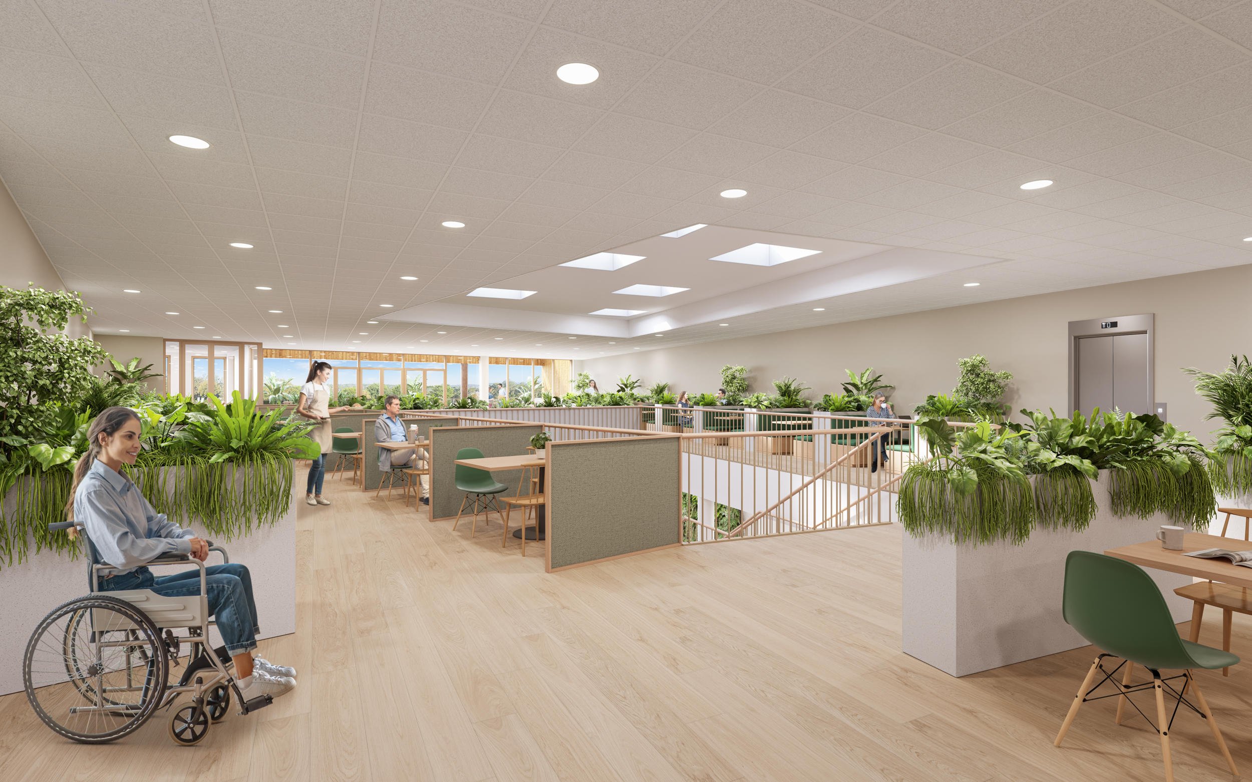Modern inclusief kantoorconcept: 3D-visualisatie van een open werkomgeving met aandacht voor biophilic design (integratie van groen) en toegankelijkheid (menselijke maat). Ideaal voor zakelijke projectontwikkelaars. Project Novatec Leek.  Winnende te