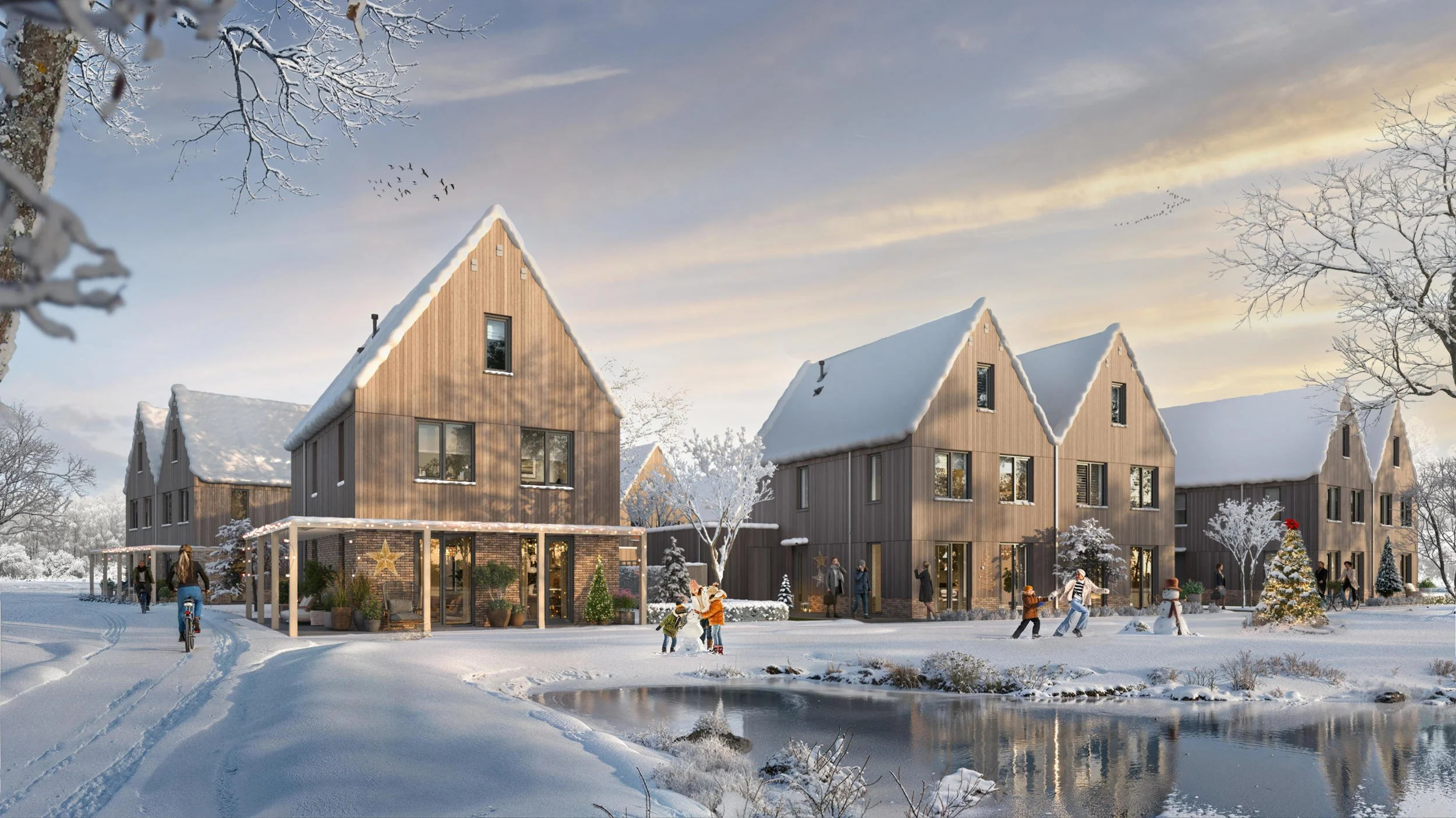 Gezellige avondimpressie van verlichte woningen in een besneeuwd landschap, ter illustratie van hoogwaardige sfeerverlichting en warmte in het ontwerp.