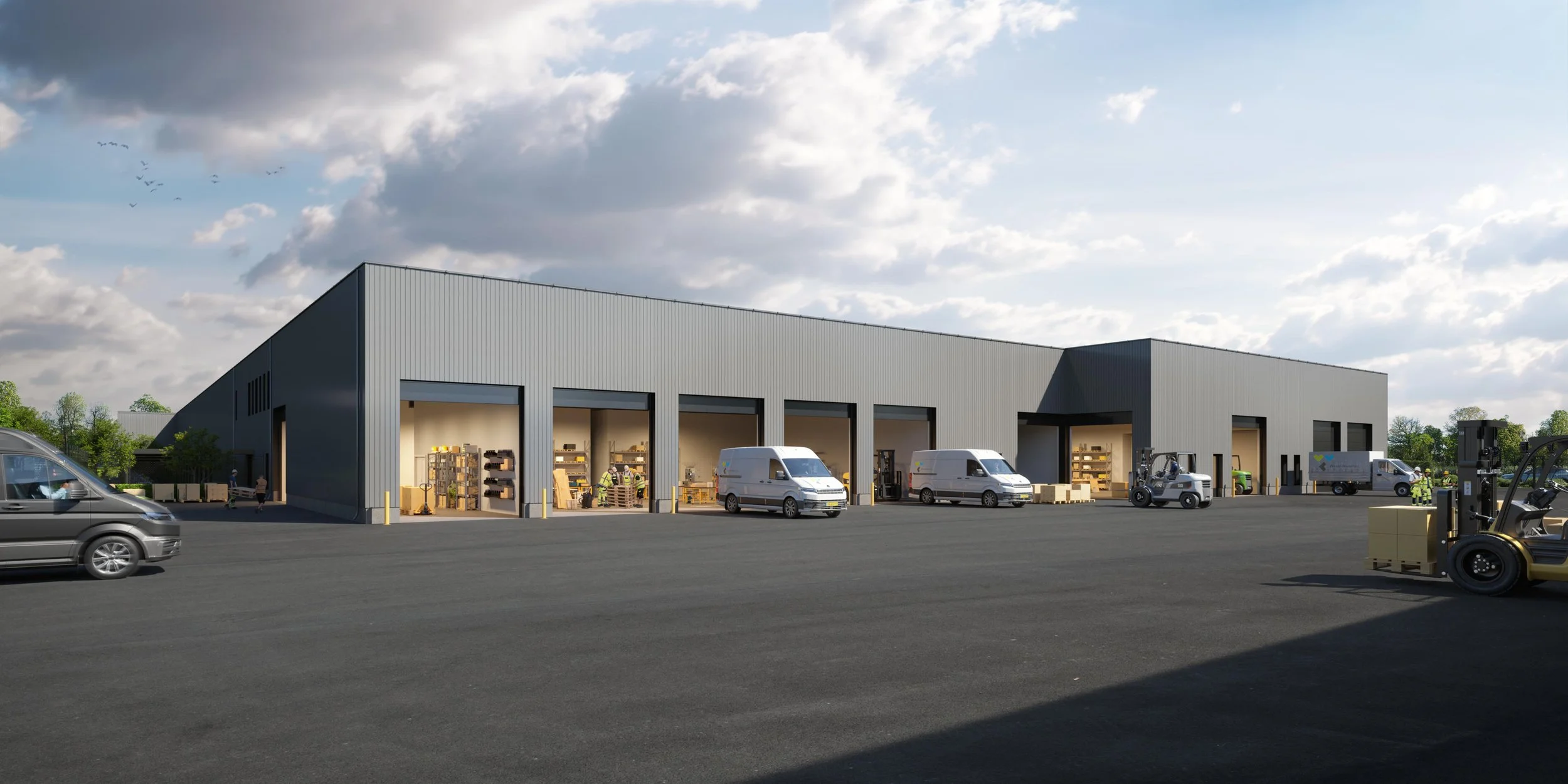 Architecturale rendering van een duurzaam bedrijfsgebouw: Overzicht van de moderne gevelarchitectuur en de functionele routing voor transport. Project Novatec Leek.  Winnende tender voor BGDD.