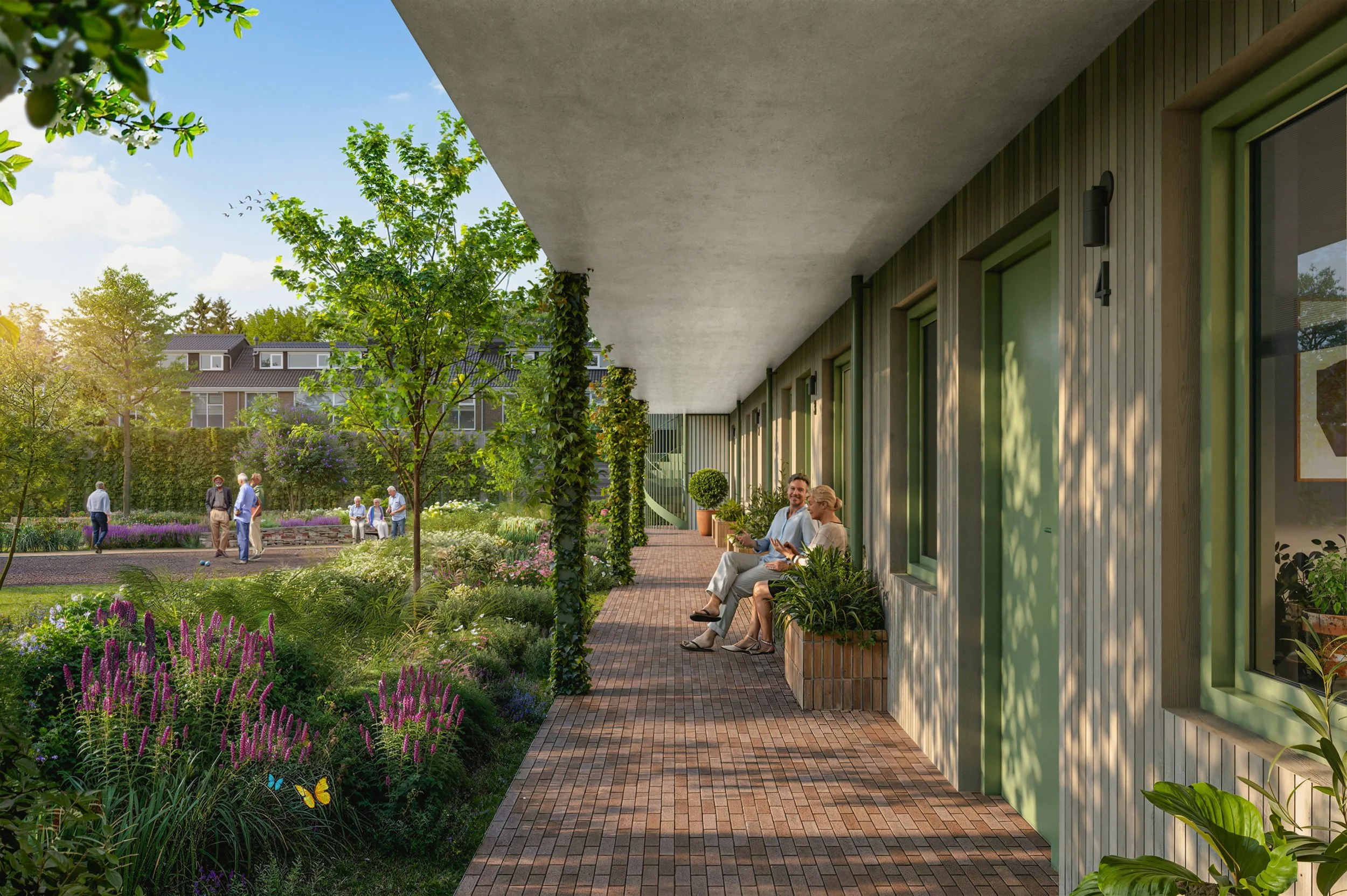 Impressie van nieuwbouw architectuur met zicht op een weelderige binnentuin, waarbij de nadruk ligt op de overgang tussen privé-terrassen en ontmoetingsplek. Project Ons Moer voor Plegt-Vos.