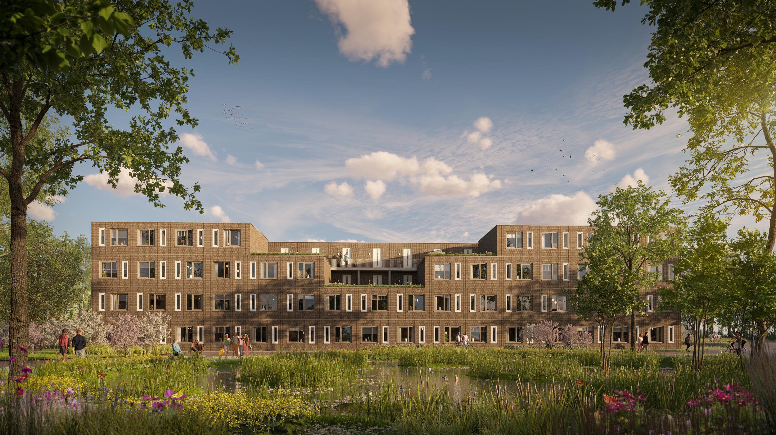 Stedenbouwkundige visie voor een grootschalige tenderlocatie, gevisualiseerd als een natuurinclusief woonlandschap met geïntegreerde waterberging en collectieve tuinen.