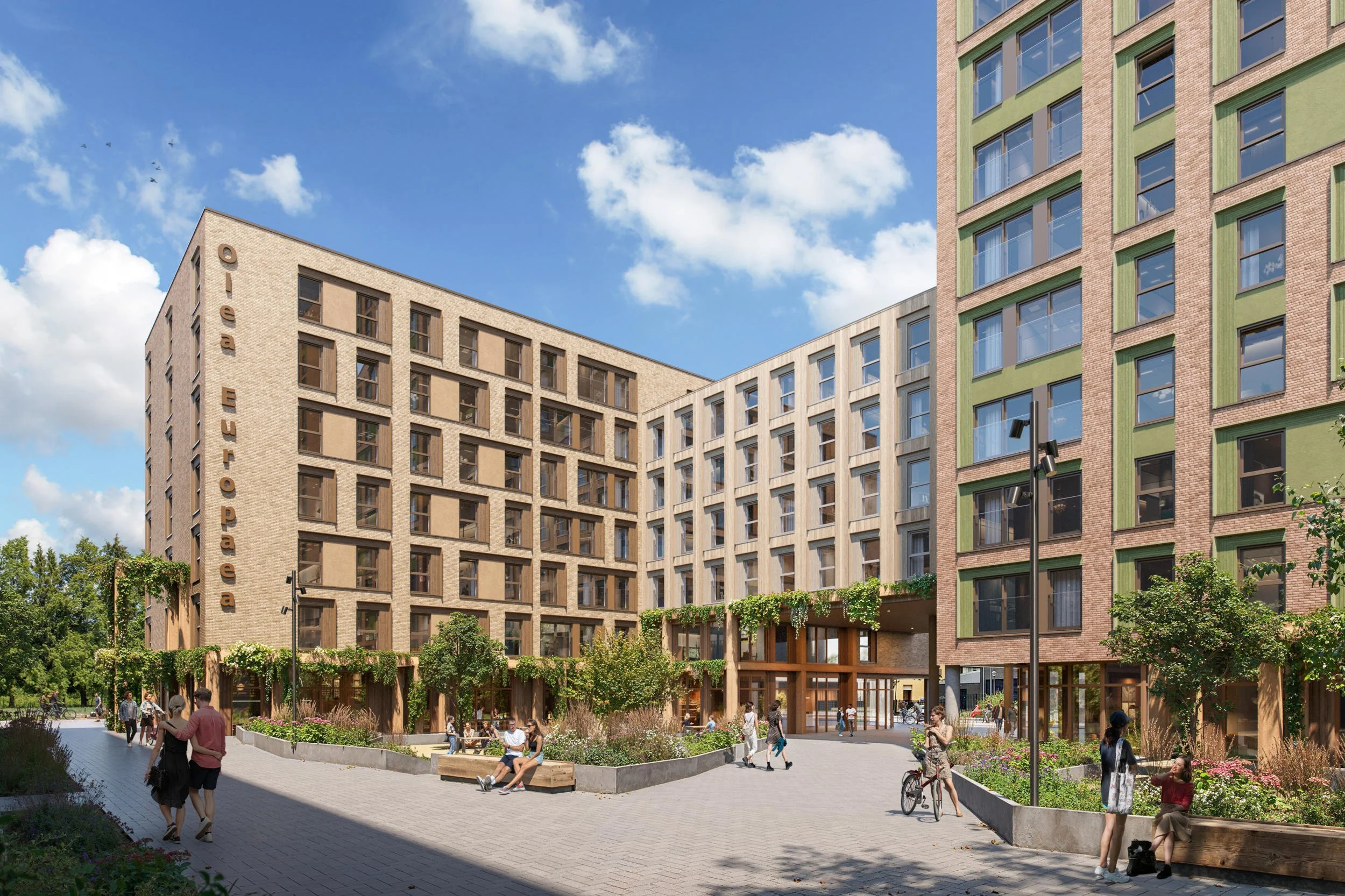 Grootschalige architectuurimpressie van een modern stedelijke studentenhuisvesting met een actieve plint en een levendig publiek plein.