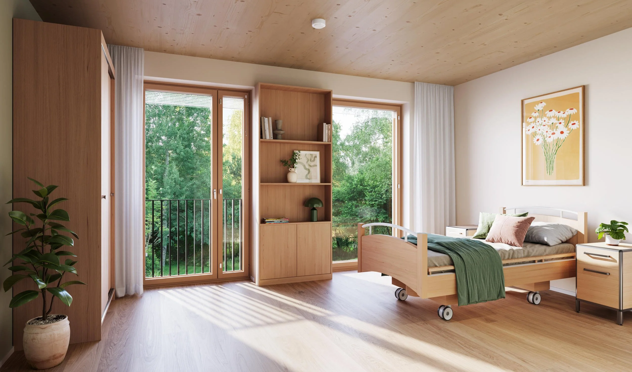 Interieurvisualisatie van een moderne zorgkamer: Een hoogwaardige 3D-impressie van een cliëntenverblijf waarbij de nadruk ligt op een huiselijke sfeer gecombineerd met functionele zorgbehoeften. Focus op grote raampartijen voor optimaal daglicht en n