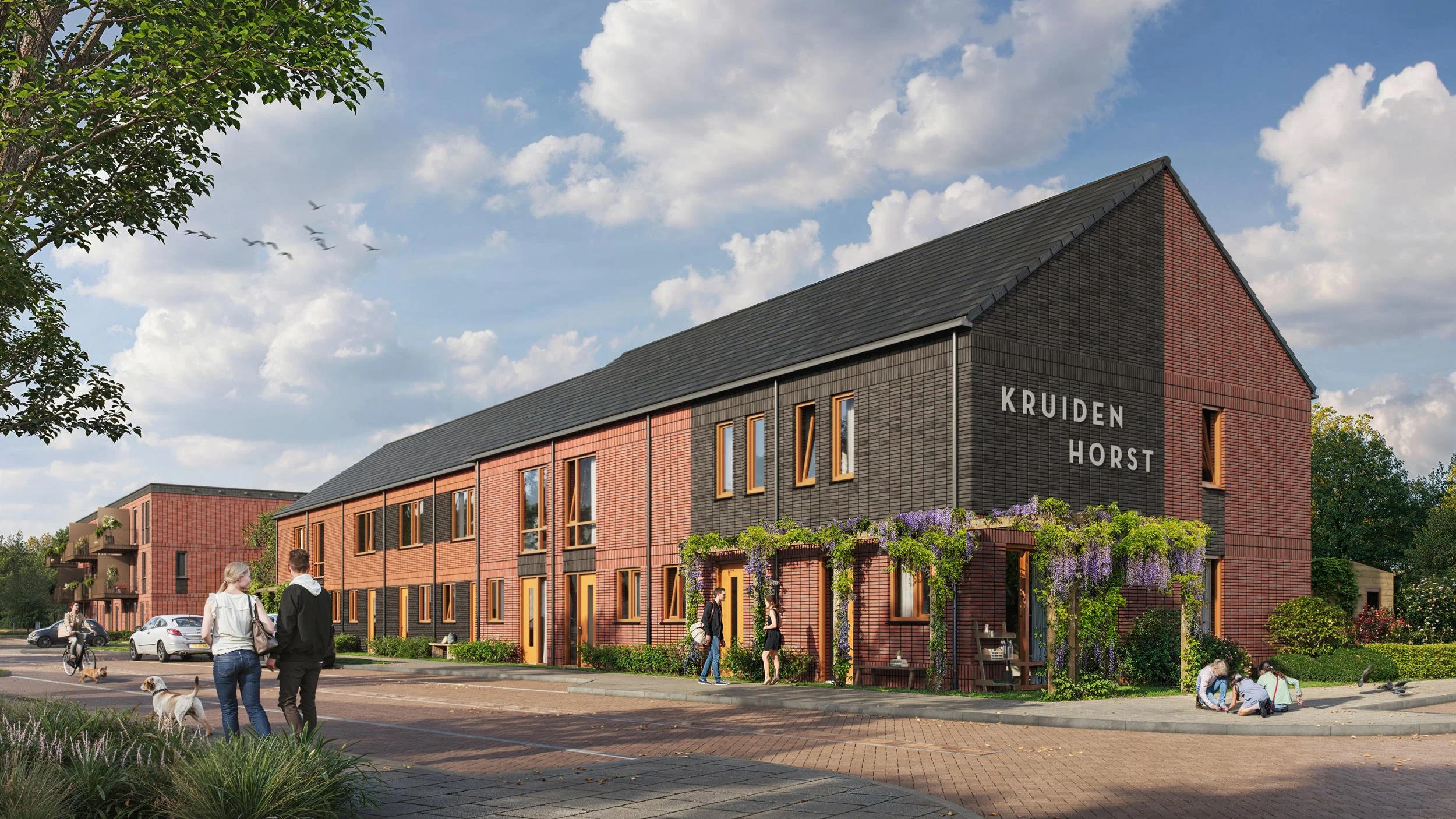 Hoogwaardige 3D-impressie van een moderne houten villa met grote glaspartijen en natuurlijke integratie in de omringende tuin.