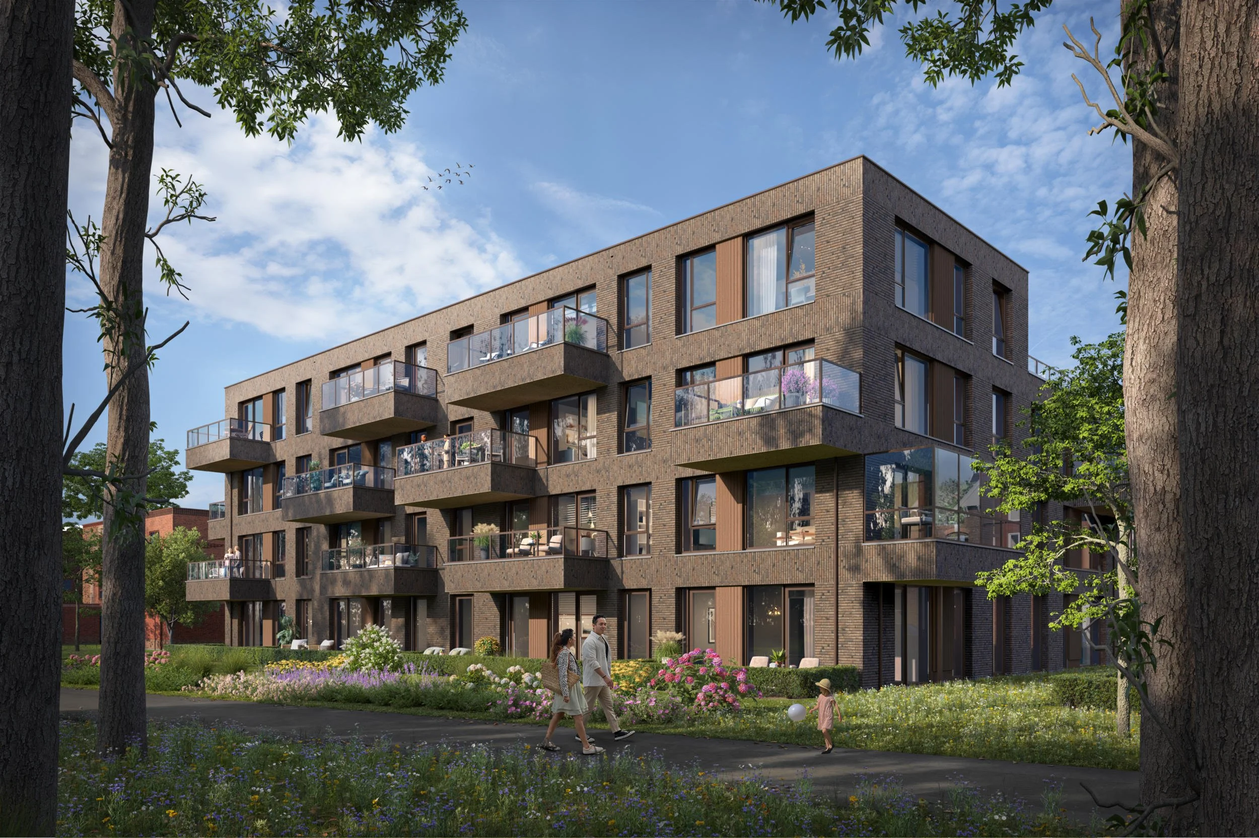 Architectuurvisualisatie van een kleinschalig appartementencomplex met ruime balkons, omgeven door zorgvuldig ingericht openbaar groen. Project Eikenstein voor Plegt-Vos.