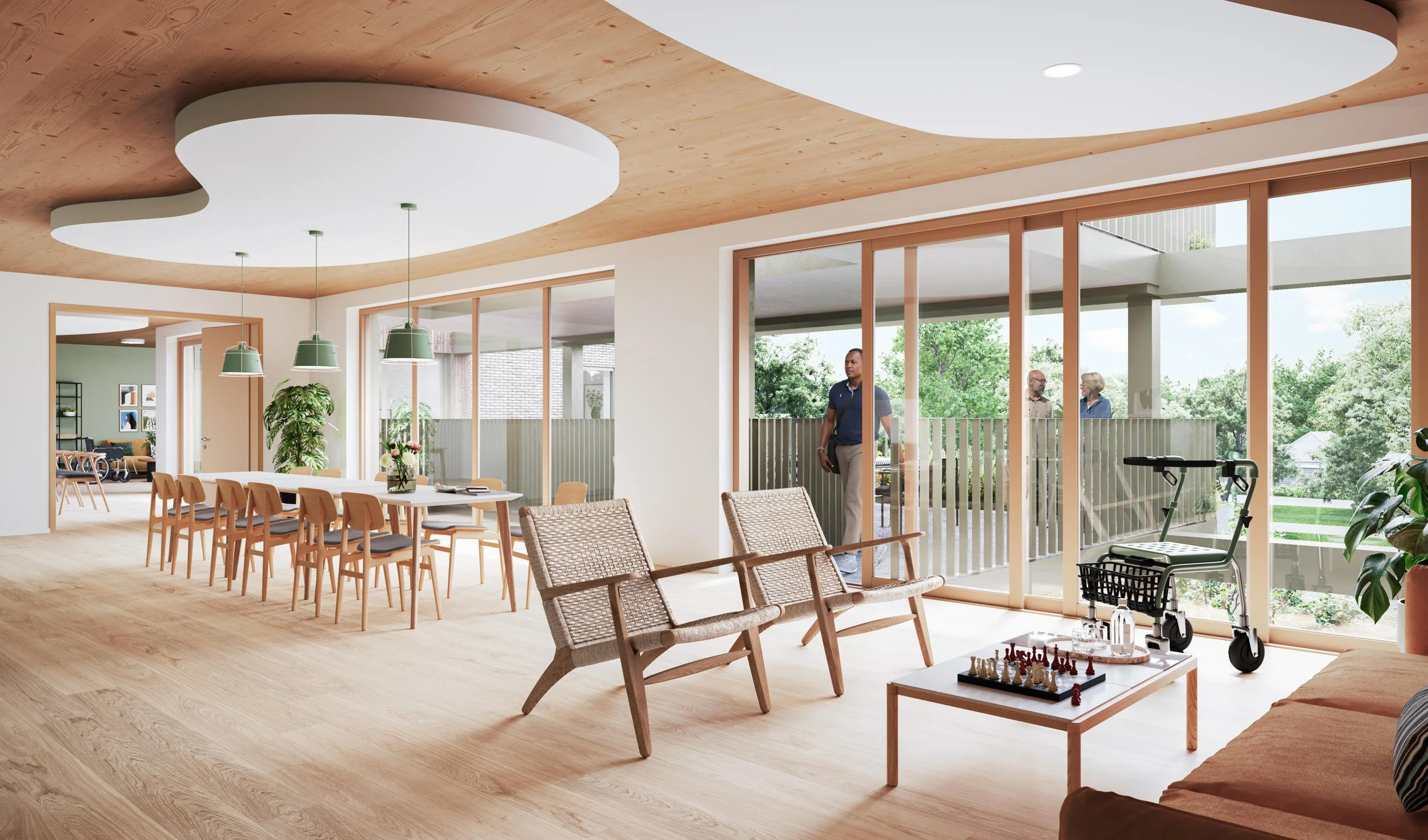 Gemeenschappelijke zorgruimte (Interieur): Sfeerimpressie van een gedeelde woonkamer voor senioren. Focus op toegankelijkheid en een lichtontwerp dat welzijn bevordert.