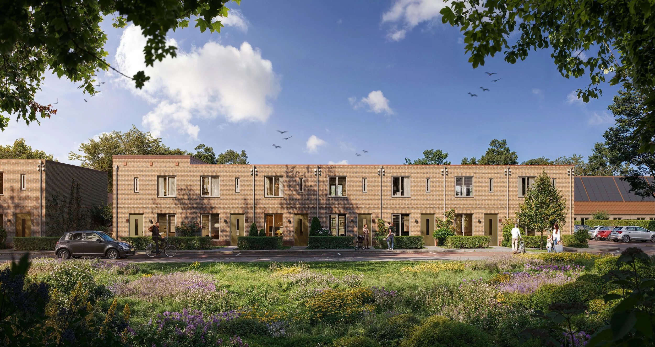 Sfeervolle visualisatie van een zonnig straatbeeld met moderne rijwoningen en een bloemrijke voortuininrichting die de biodiversiteit in de wijk bevordert.