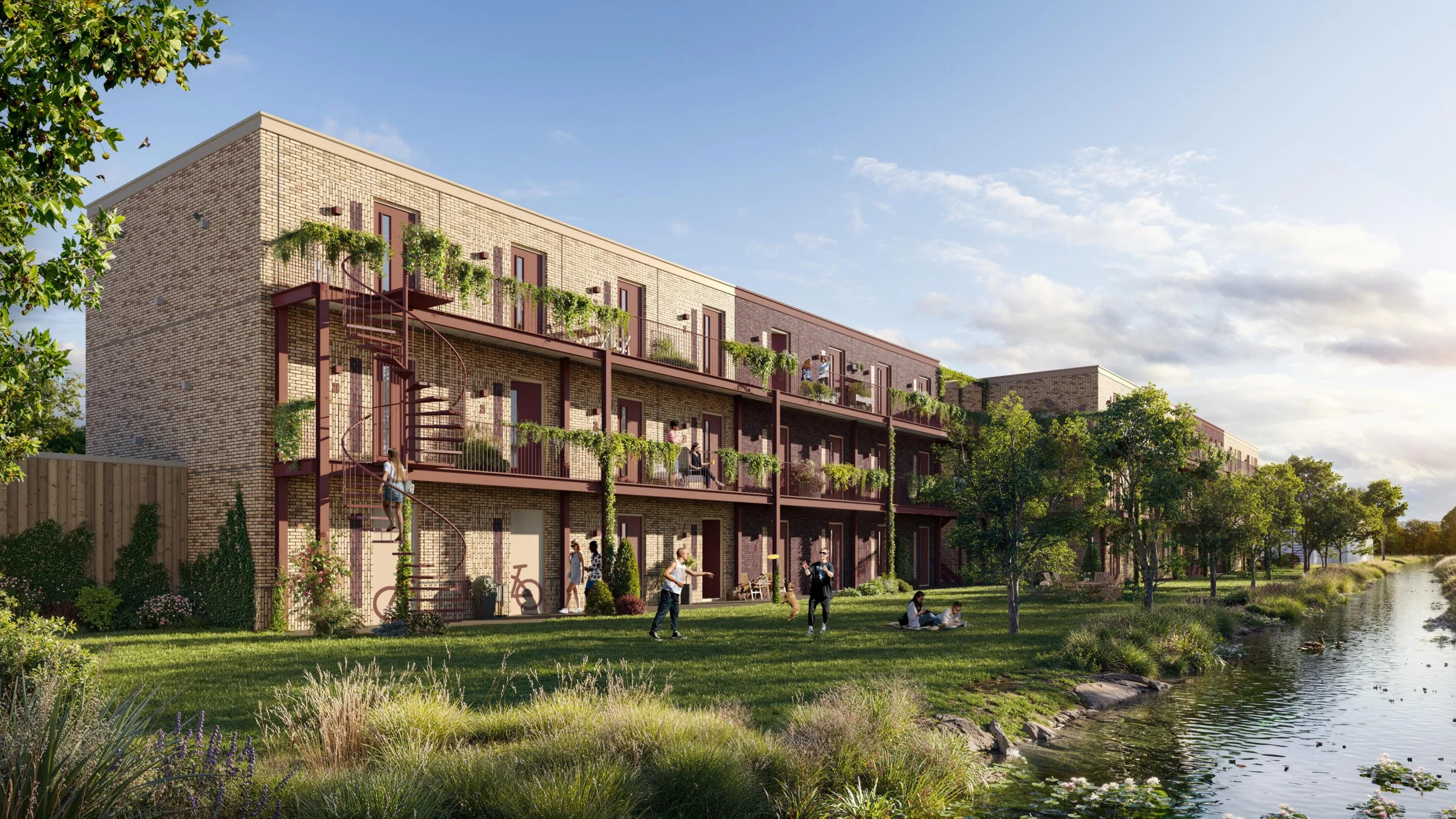 Gedetailleerde architectuur-rendering van een woongebouw met een opvallende houten balkonstructuur en verticale tuin-elementen aan het water.