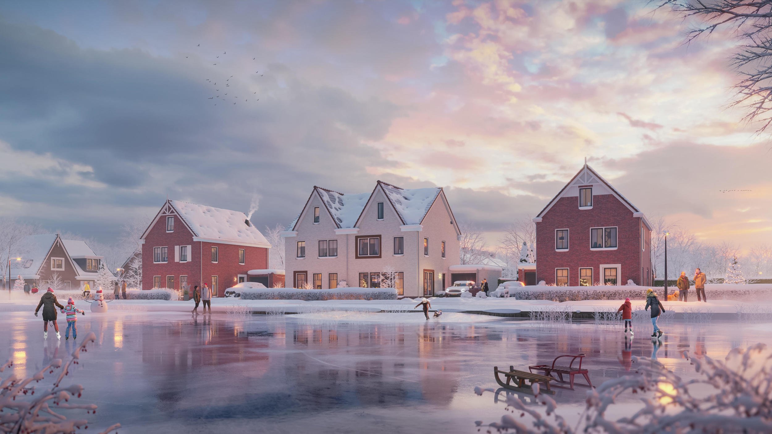 Winterse architectuurimpressie van moderne woningen aan een bevroren vijver, gericht op sfeerbeleving en de kwaliteit van de publieke ruimte.