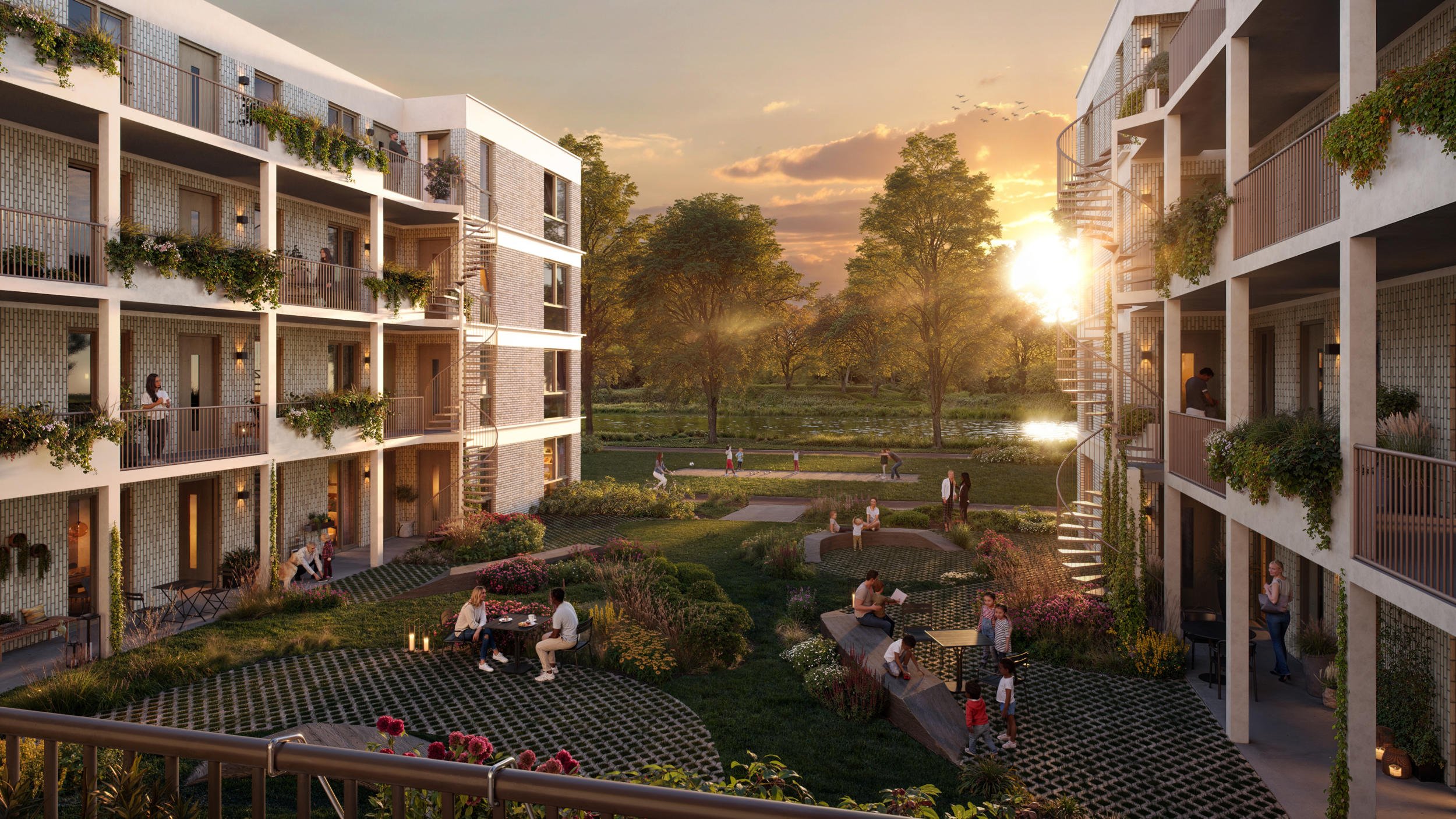 Appartementsgebouw tijdens Blue Hour: Luxe wooncomplex met verlichte balkons en dakterrassen. High-end rendering voor commercieel vastgoed en beleggers.