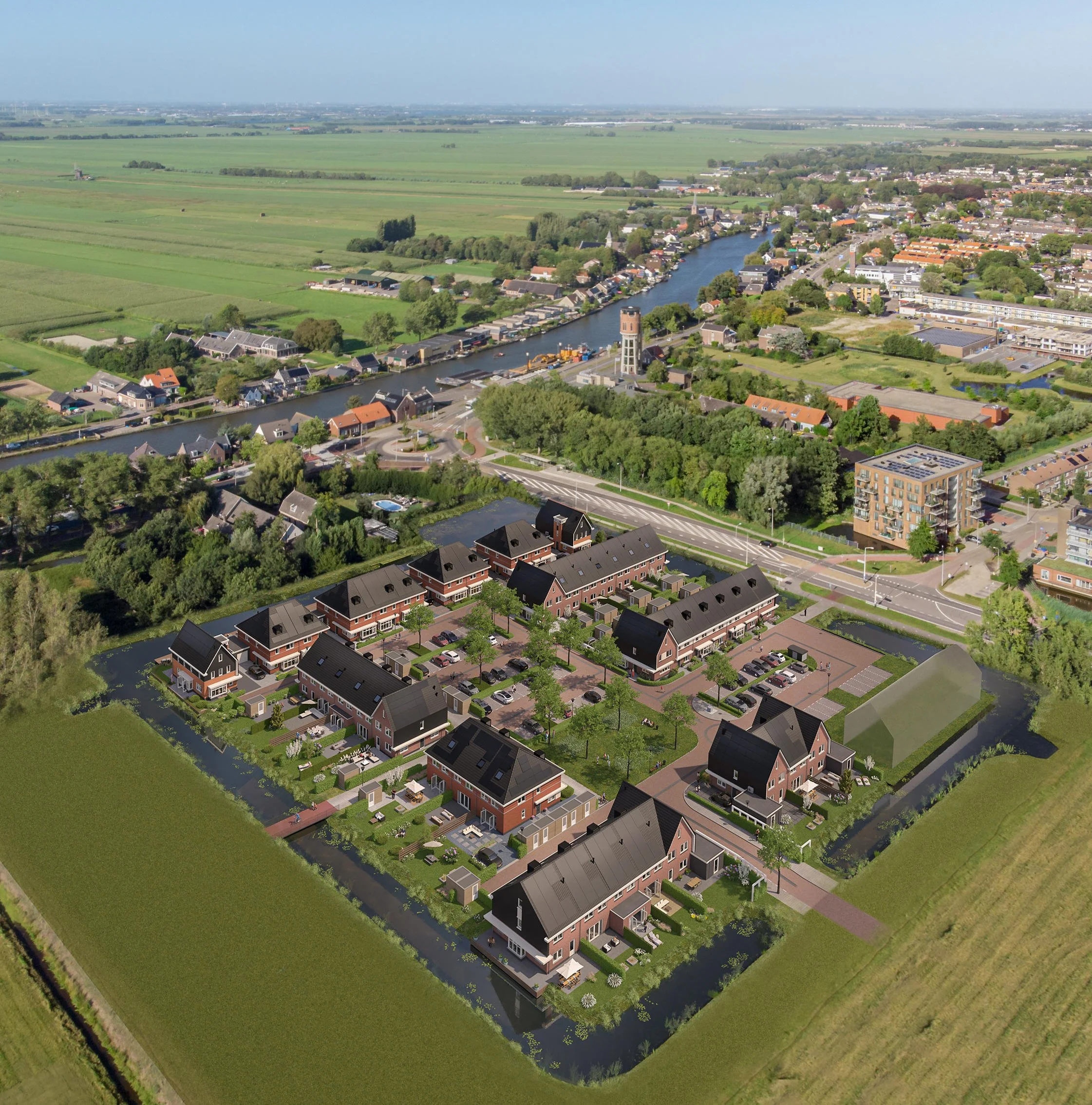 Strategische gebiedsvisie op een landelijke context: Vogelvlucht van een grondgebonden nieuwbouwproject grenzend aan open polderlandschap. Focus op de zachte overgang tussen bebouwing en natuur, kavelspecificaties en de stedenbouwkundige korrelgroott