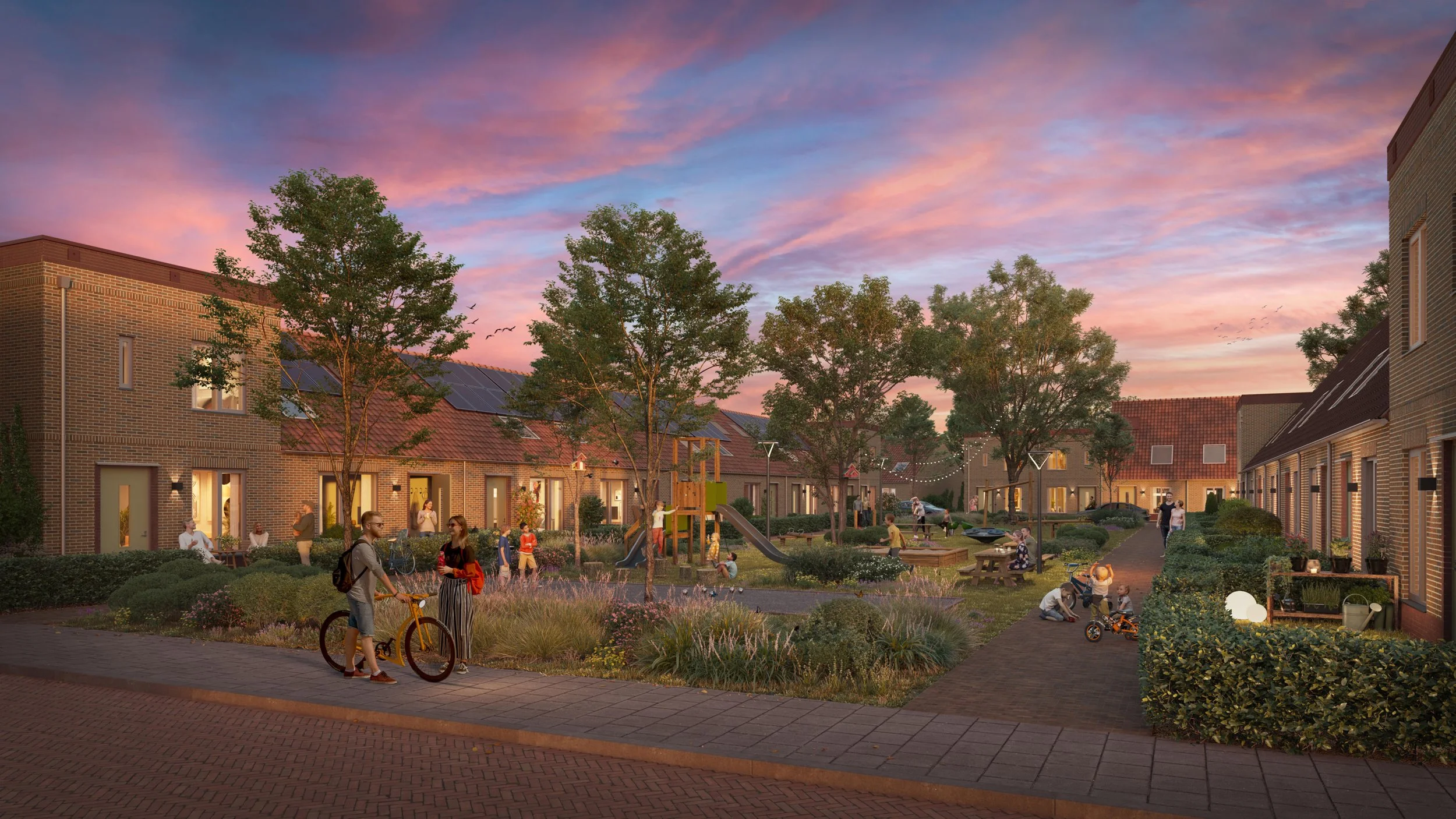 Gebiedsontwikkeling tijdens Golden Hour: Sfeervolle visualisatie van een groene woonwijk in warm strijklicht. Focus op sociale interactie en buitenruimte voor projectmarketing.