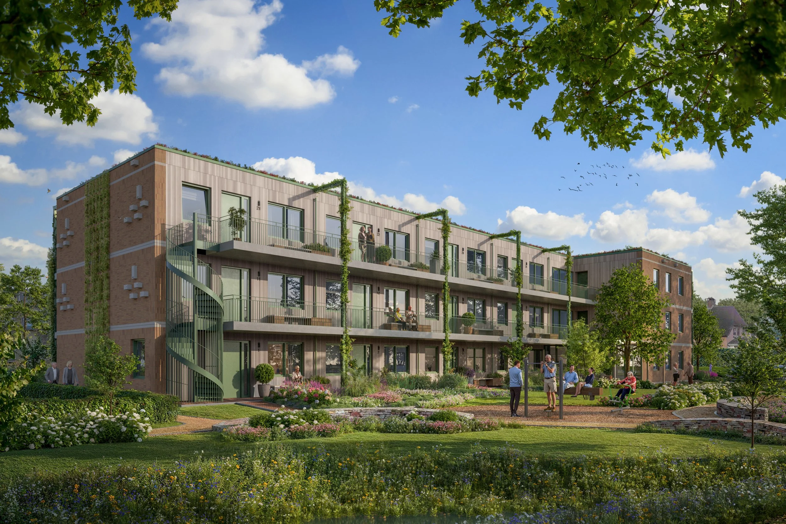 Impressie van nieuwbouw architectuur met zicht op een weelderige binnentuin, waarbij de nadruk ligt op de overgang tussen privé-terrassen en ontmoetingsplek. Project Ons Moer voor Plegt-Vos.