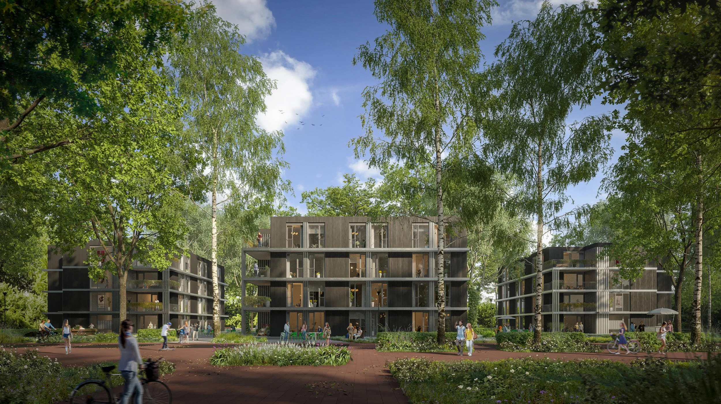 Conceptueel ontwerp van drie studenten wooncomplexen op de campus van de Universiteit van Twente, geïntegreerd in een bosrijke omgeving met grote glaspartijen en natuurlijke materialen. Winnende tender impressie voor Plegt-Vos. Deze worden gerealisee