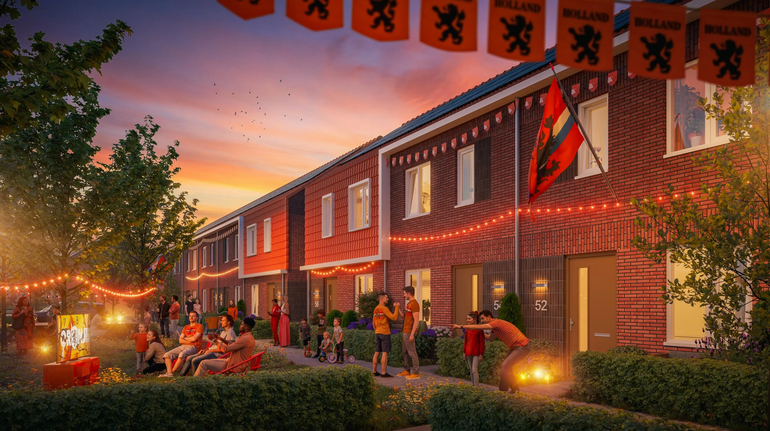 Avondvisualisatie van community-wonen: Woningen in de schemering, sfeervol verlicht voor een nationale feestdag. Visualisatie van sociale cohesie in de wijk.
