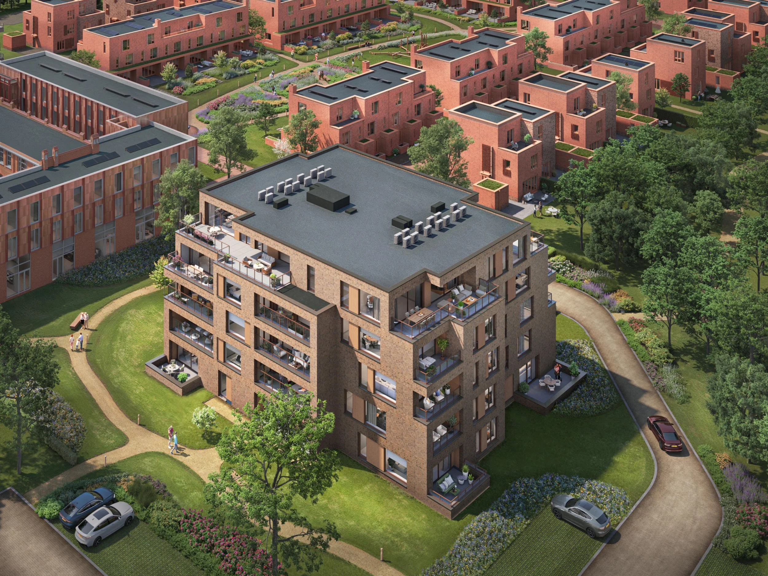 Appartementenblok in groene enclave: Detail-vogelvlucht van een specifiek woongebouw binnen een het masterplan Eikenstein. Focus op de private buitenruimtes en de overgang naar openbaar groen.