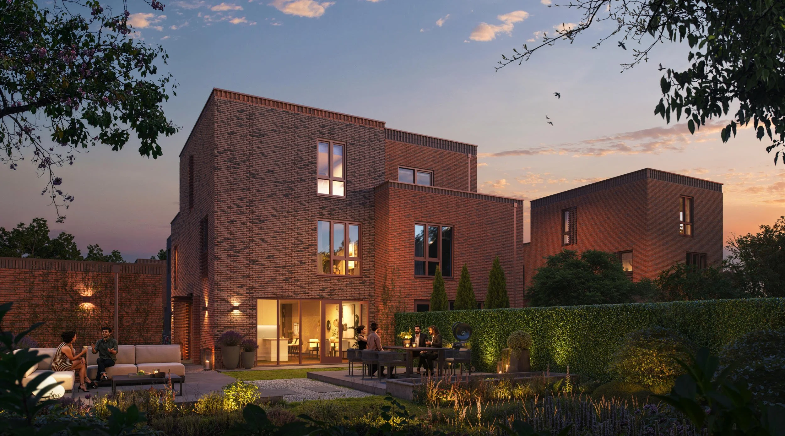 Architectuur in de avondschemer: 3D-impressie van een moderne gezinswoning met verlicht interieur. Accent op geveldetails en tuinverlichting voor een uitnodigende presentatie.