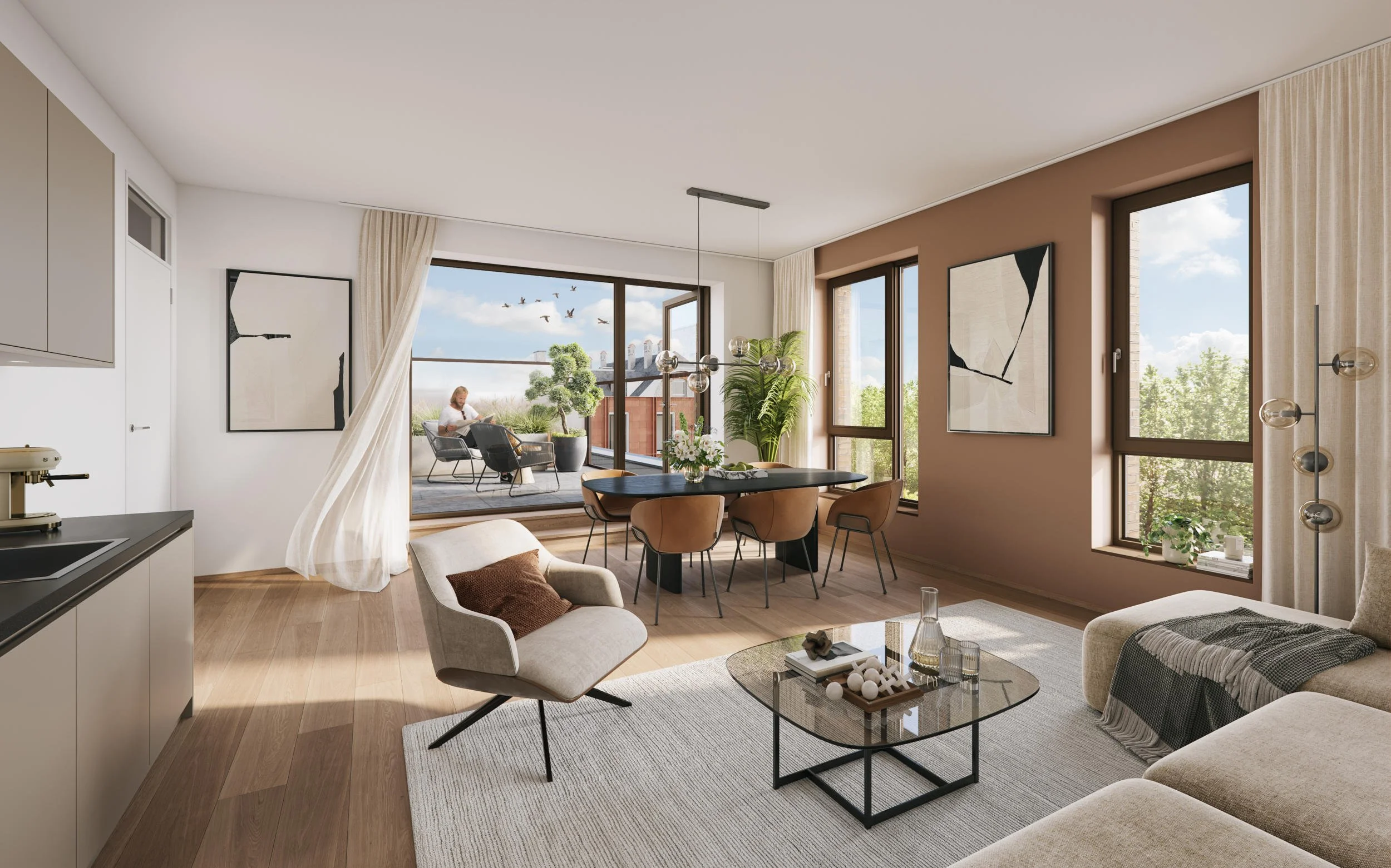 Penthouse interieur met dakterras: Naadloze overgang tussen binnen en buiten. Conceptueel ontwerp van een eetkamer grenzend aan een ruim terras voor nieuwbouwprojecten.