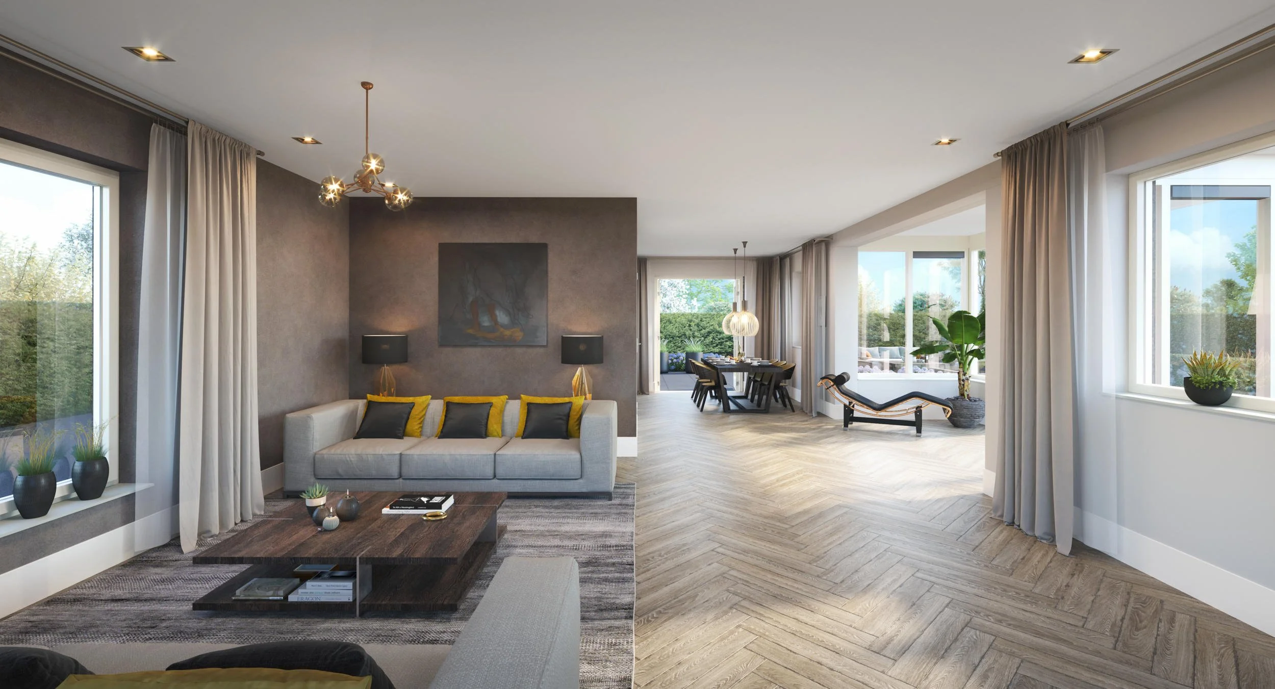 Modern woonkamerontwerp: Stijlvol interieur met contrastrijke wandafwerking en sfeerverlichting. 3D-visualisatie ter inspiratie voor interieurarchitecten.