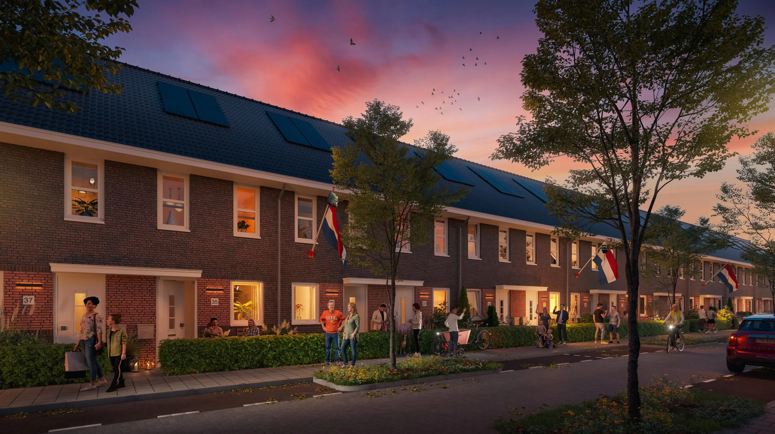 Blue Hour vastgoedpresentatie: Rijwoningen tijdens de schemering met een diepblauwe lucht. Focus op de balans tussen kunstlicht en natuurlijk omgevingslicht.