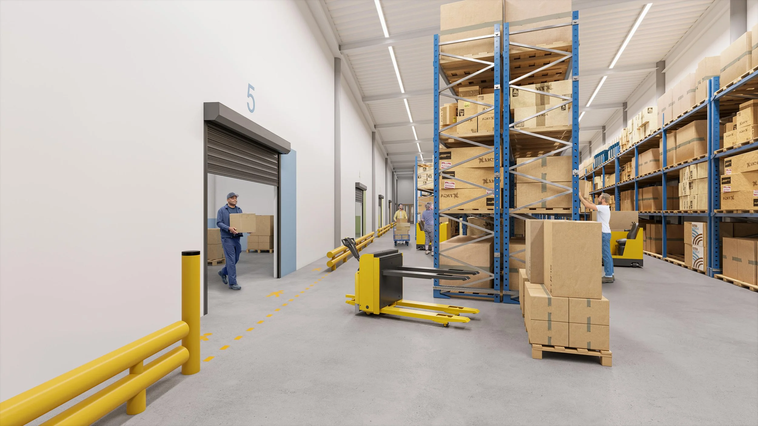 3D-impressie van een efficiënte logistieke workflow: Deze interieurvisie voor Novatec illustreert de optimale indeling van de opslagruimte en de menselijke maat op de werkvloer. Essentieel beeldmateriaal om de functionele kwaliteit van de tenderinsch