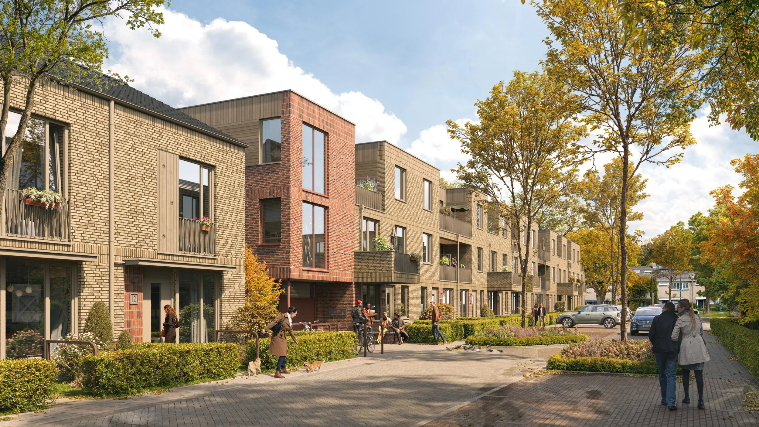 Gedetailleerd straatbeeld van moderne architectuur met een mix van verschillende baksteenkleuren en houten accenten, ter illustratie van een gevarieerd woonmilieu in herfst setting.