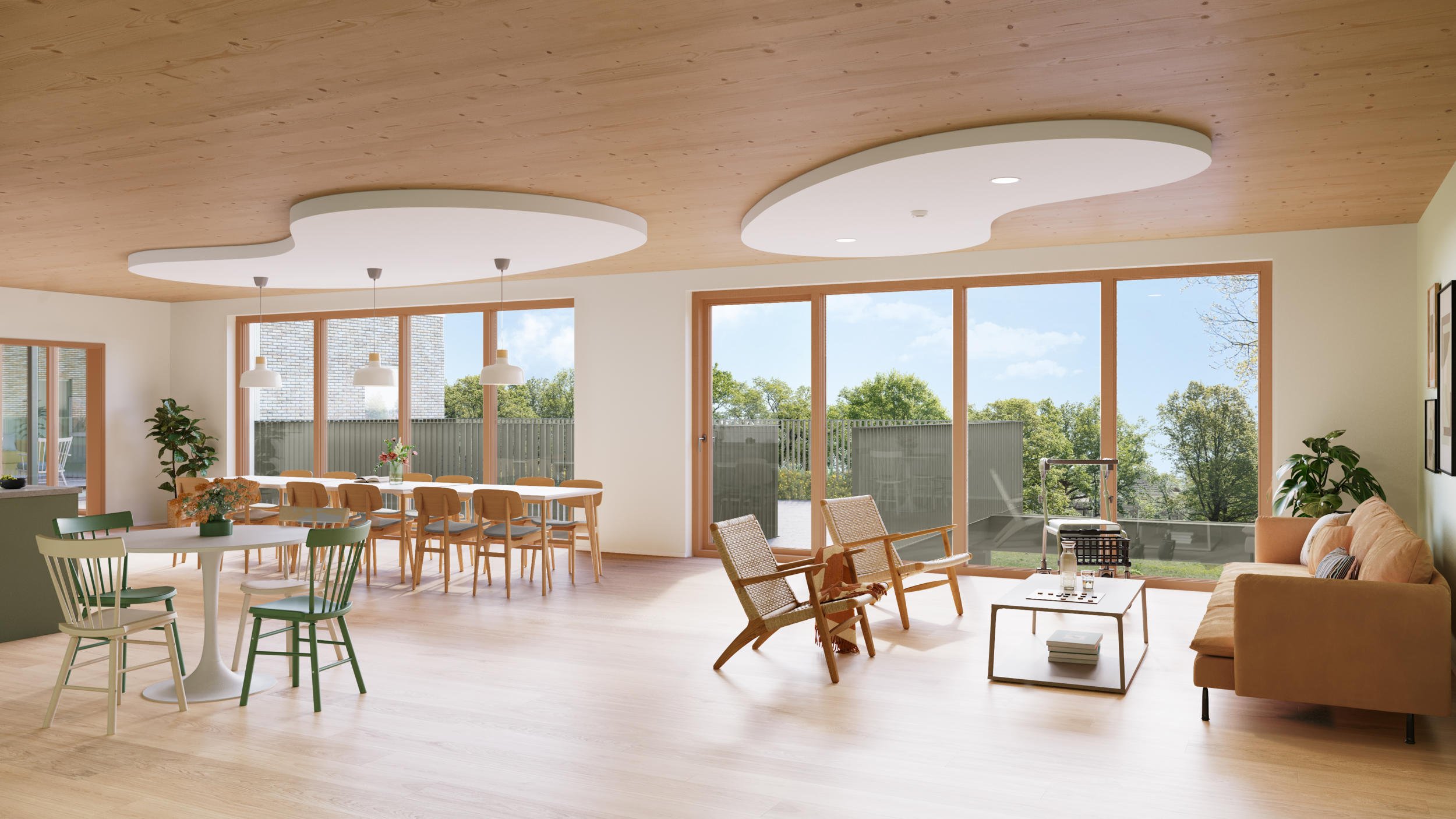 Lichte gemeenschappelijke ruimte: Open interieur met houten plafonds en directe tuinverbinding. Conceptueel ontwerp voor woon-zorgcomplexen.